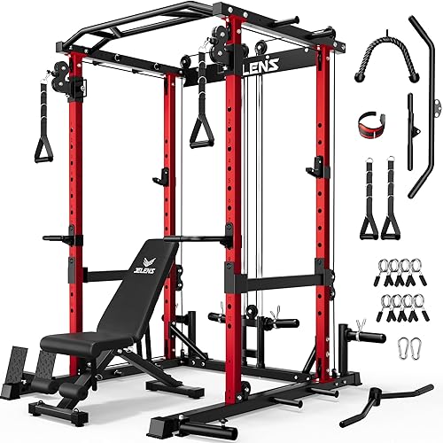 JELENS C12 Squat Rack for Home Gym, 2000LBS Power Rack with Adjustable Pulley System, Power Cage Workout Equipment with LAT Pulldown and Training Attachment