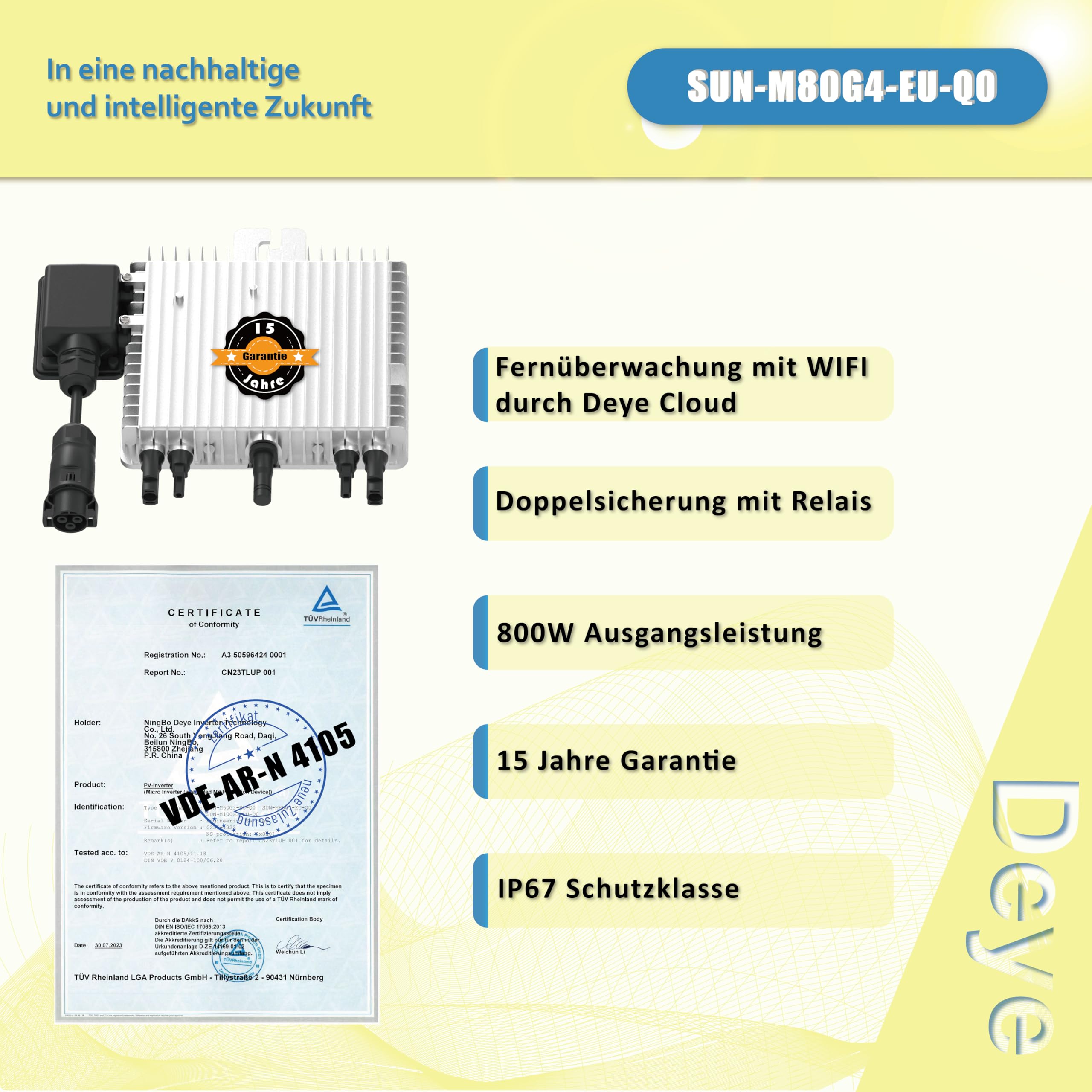 home Trends® Deye SUN-M80G4-EU-Q0 - Micro inverter di nuova generazione 800 W Ralais Solar PV esterno con cavo Schuko da 5 m