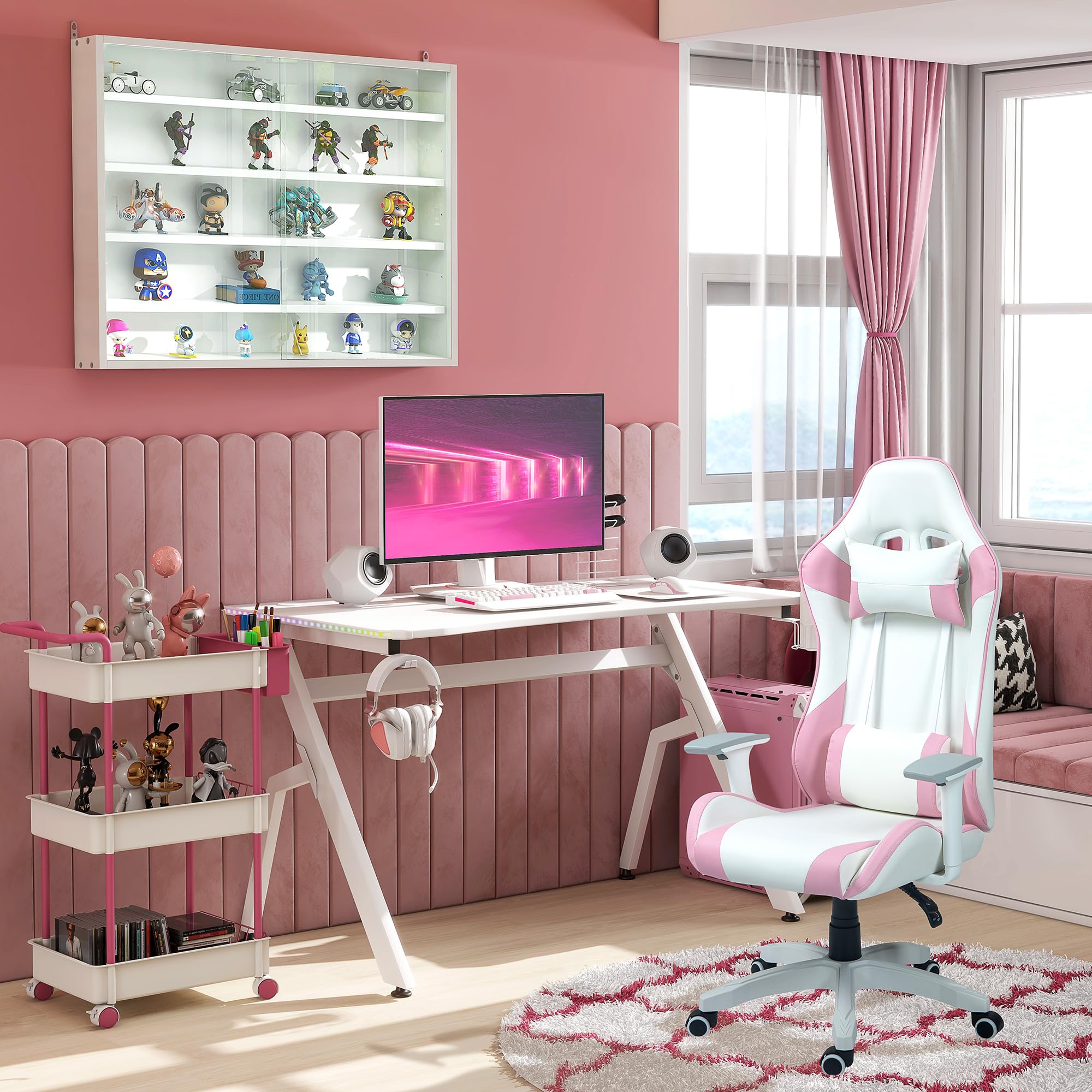 HOMCOM Silla Gaming Reclinable Silla Gamer Giratoria Silla de Oficina Basculante con Cojín Lumbar Reposabrazos 3D Reposacabezas Extraíble y Altura Ajustable 67x60x120-128 cm Blanco y Rosa