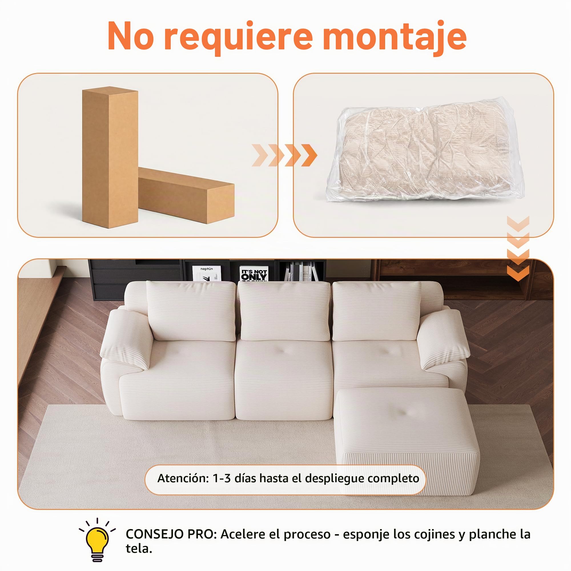 Sofá de esquina en forma de L, modular de 3 plazas, sofá apilable, combinable de forma flexible, tapizado en terciopelo acanalado, beige