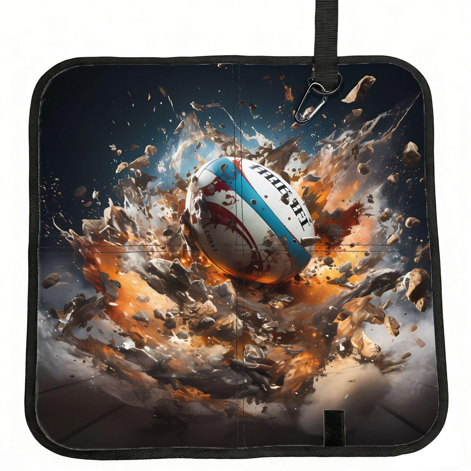 MROWYC Rugby on Fire Printed Foldable Seat Cushion - Portable with Carabiner, for Stadium, Camping, Hiking