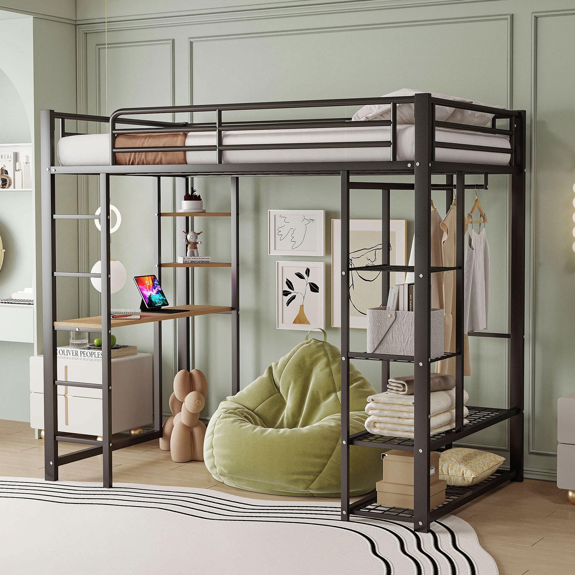 Merax Kinderbett Hochbett,Metall,90x200 cm, mit Schreibtisch,mehrere Regalen,einfach Kleiderschrank-Design,Leiter, Stabiler Metallrahmen, für Kinder und Jugendliche, Ohne Matratze,Schwarz
