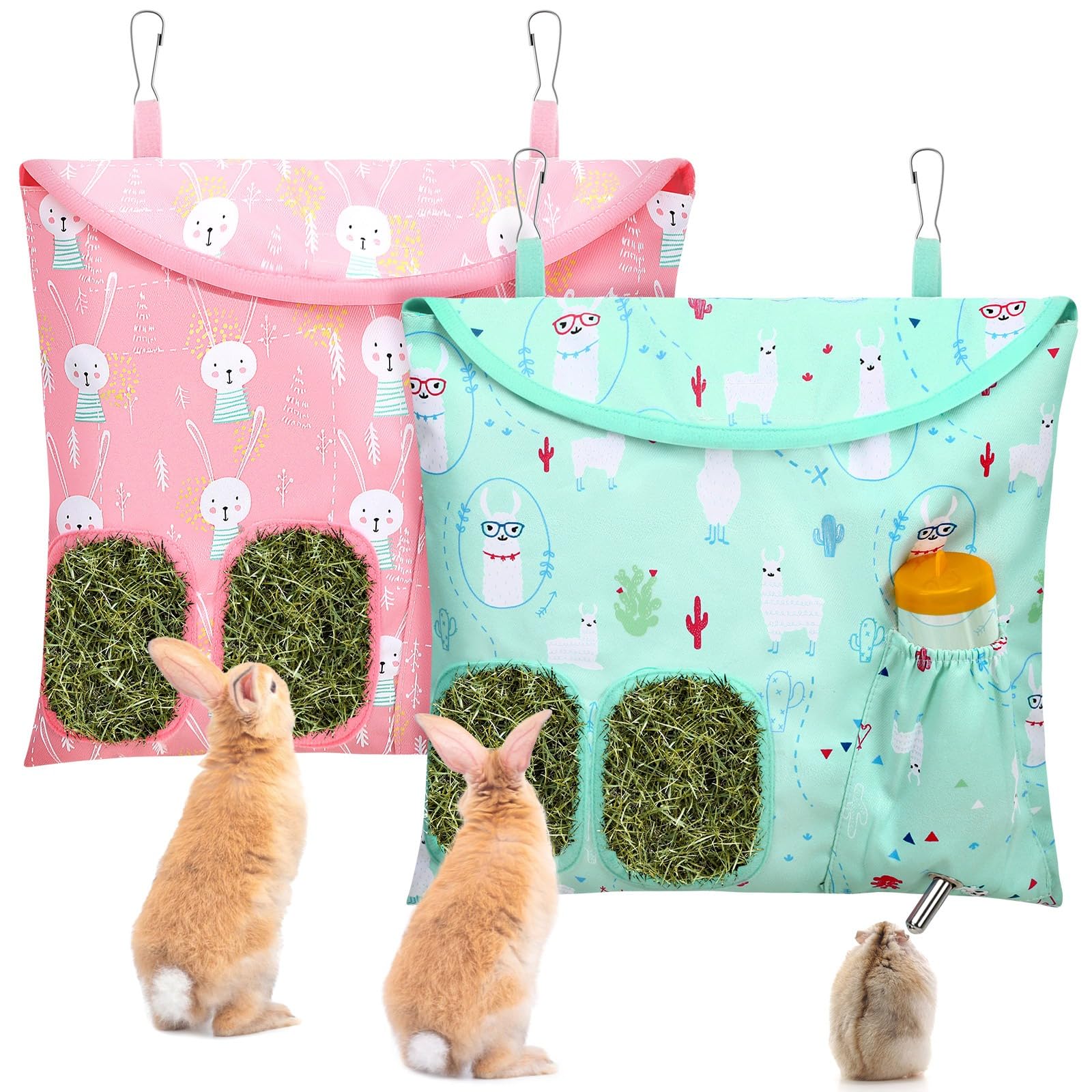 UPINS 2 Pack Hay Bag for Rabbits 2-Hole Hanging Hay Feeder Guinea Pig Hay Bags, Hay Feeder for Rabbits Chinchillas Hamsters Small Pets and Animals