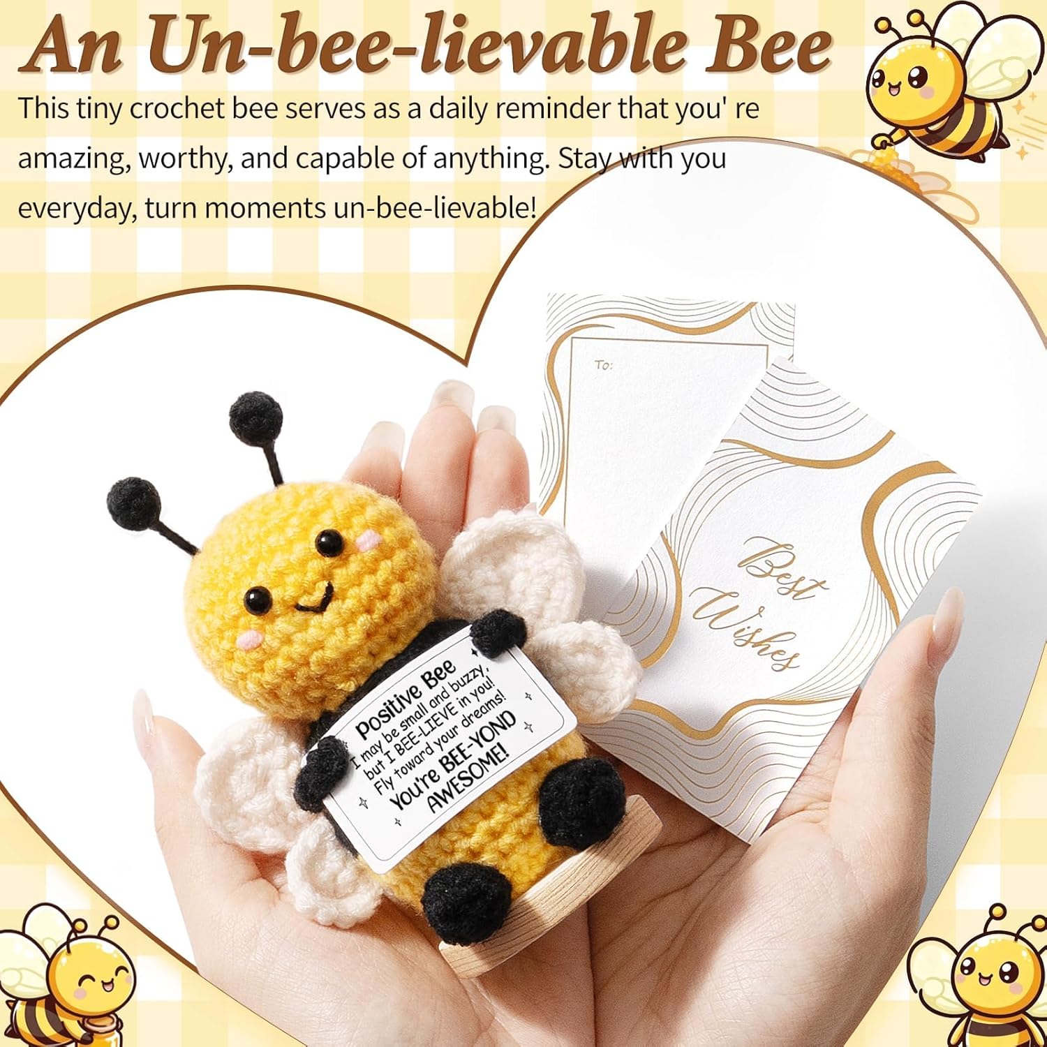 Emotional Support Crochet Positive Bee Inspirational Cheer Up Gifts for Women, Handmade Positive Crochet Bee Gift Thank You Birthday Valentines Teacher Appreciation Gifts for Coworker Nurse Mom Friend - Image 2