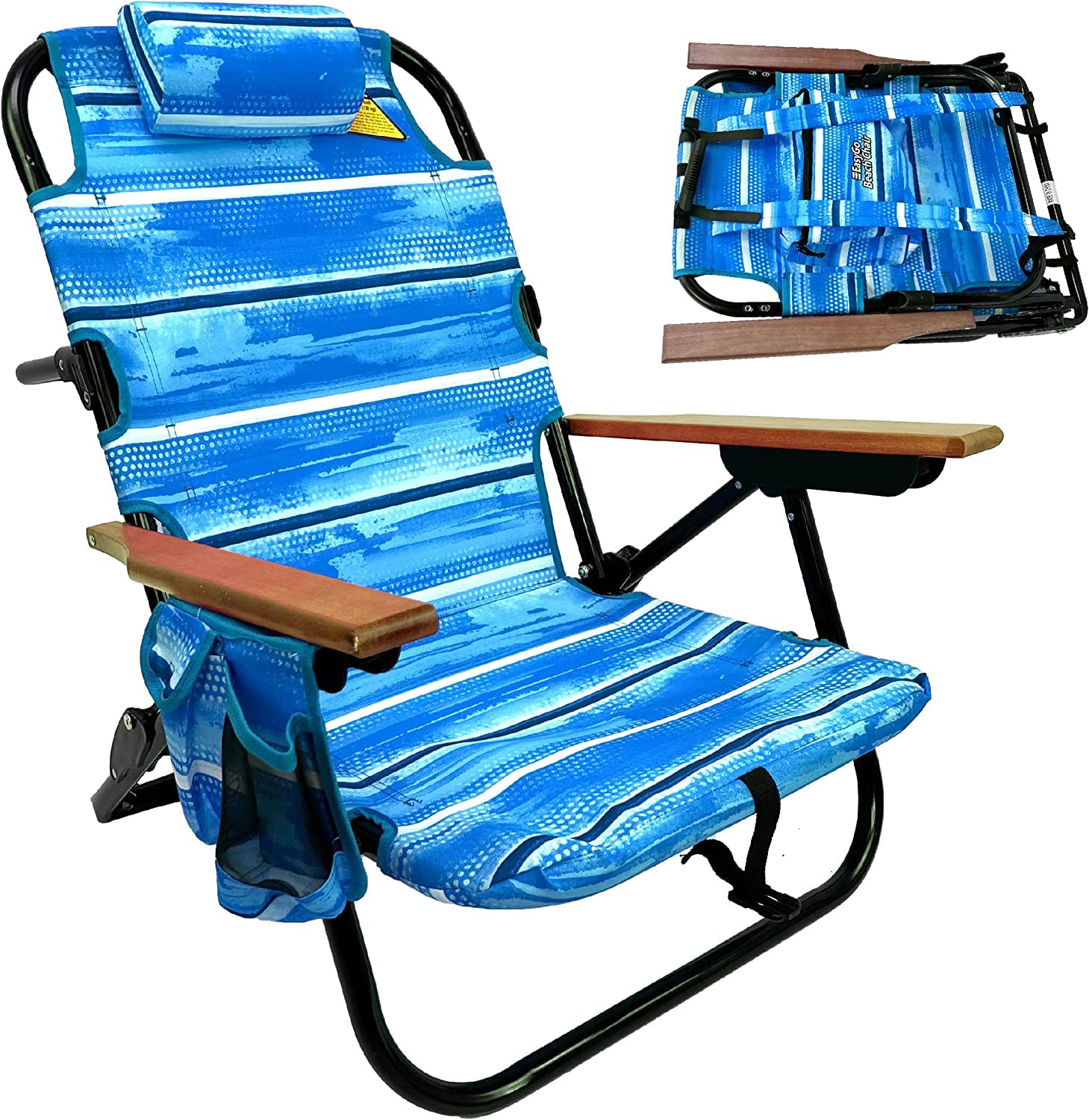 EasyGo Product Backpack Beach Chair 5 Positions and Cup Holder Pouch on Side Padded Pillow Storage Bag on Back Lightweight Rustproof Aluminum Black