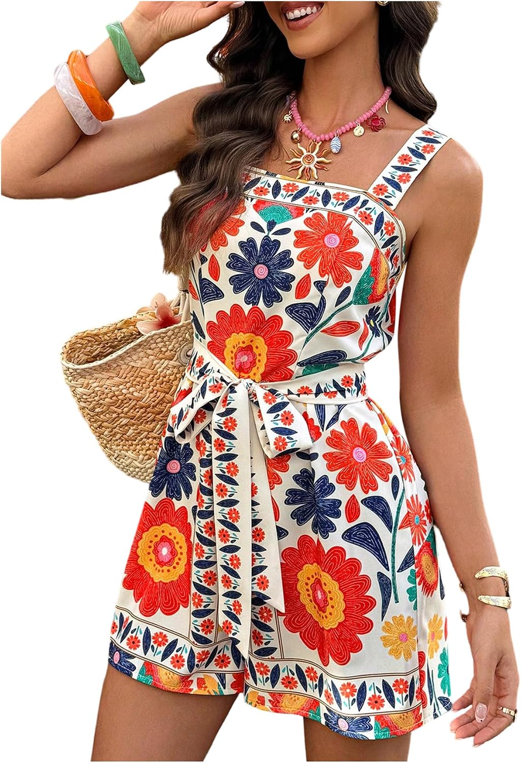 SweatyRocks Women's Boho Floral Print Rompers Sleeveless Bow Tie Belted Short Jumpsuit Summer Beach Vacation Outfits
