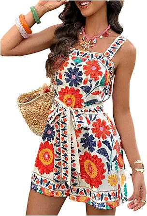 Women's Boho Floral Print Sleeveless Jumpsuit with Tie Front and Open Back