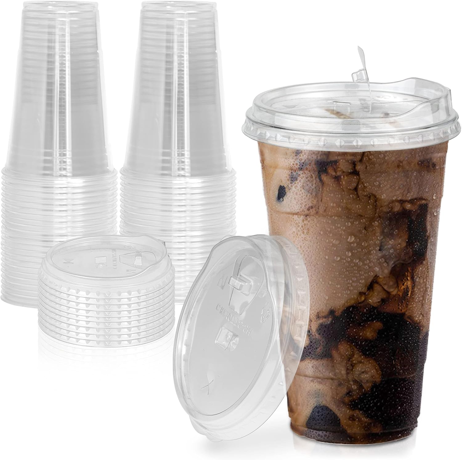 [100 Pack] Disposable Strawless Plastic Cups with Lids 24