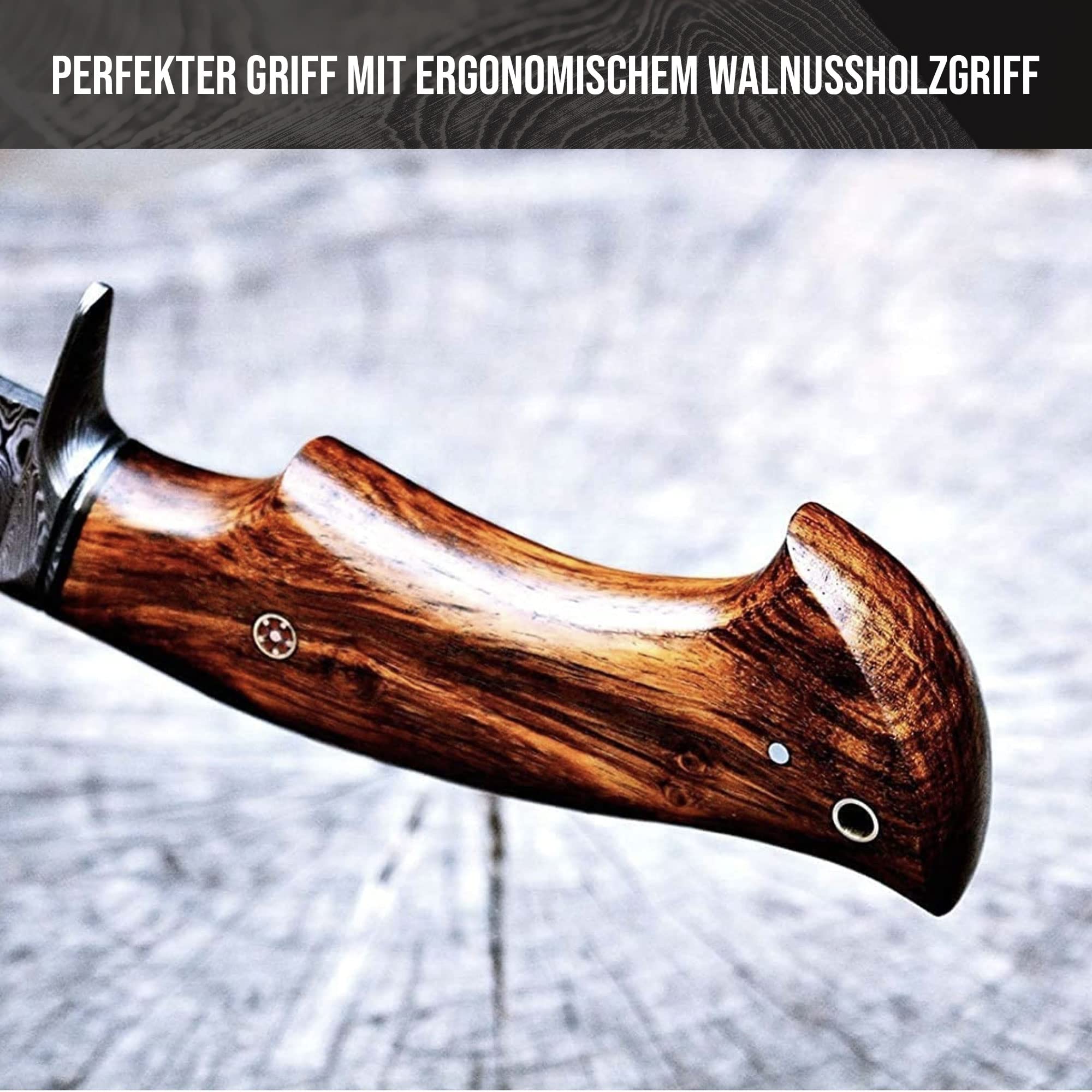 BIGCAT ROAR Predator Hunter Damaststahl 10 Zoll - Full Tang - Walnussholzgriff & Lederscheide - Outdoor Survival Bushcraft Häuten Jagd