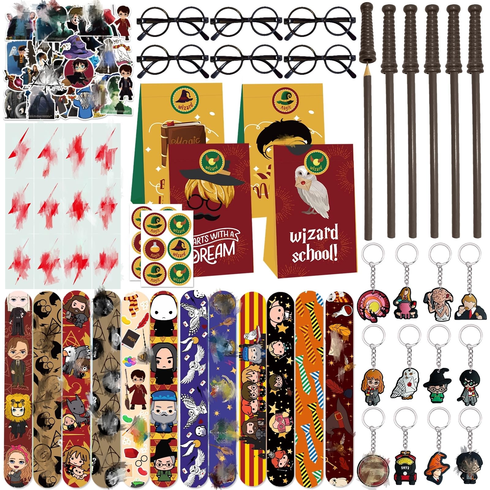 Luclay Party Favour Packs 128pcs Snap Bracelets & Sticker Toy Set, Cute Stickers for Children Loving Wizards for Birthday Party Supplies, Advent Calendar Party Bag Filler Favors for Boys Girls