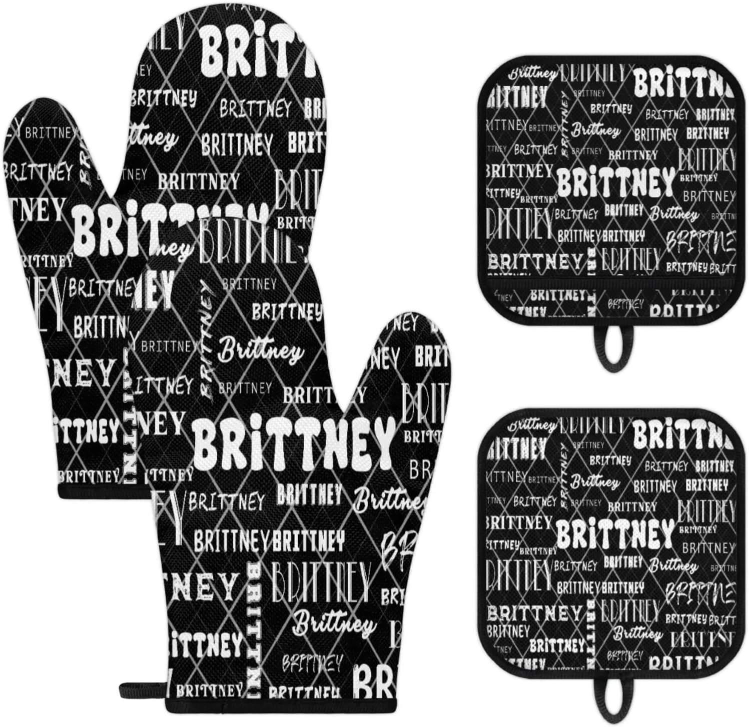 Black Custom Oven Mitts and Pot Holders Sets with Name Personalized Oven Gloves Potholders Customized Heat Resistant Kitchen Oven Mitt Hot Pads Gifts for Women Men Cooking Baking