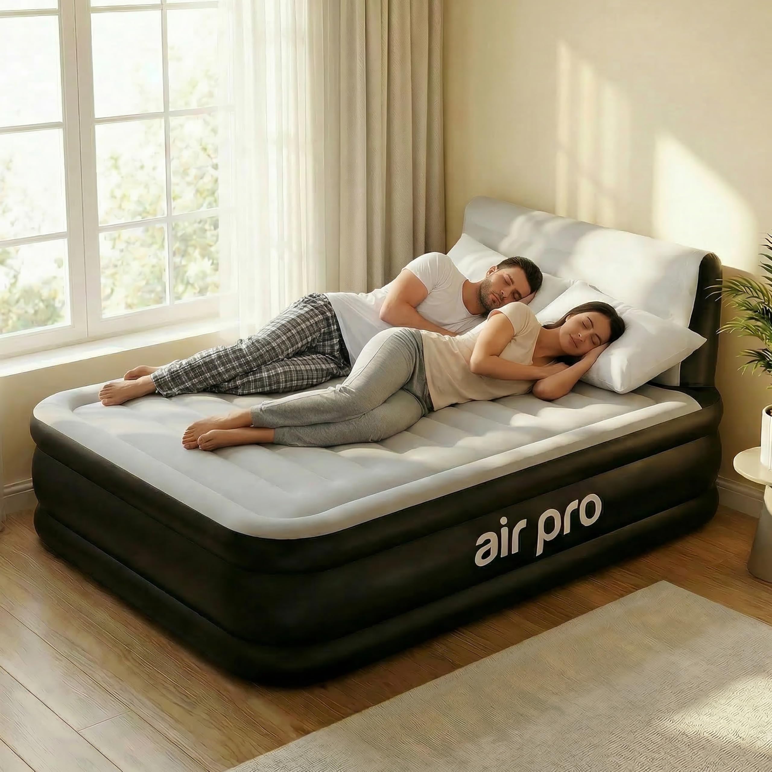 Air Pro Double Size Inflatable Air Mattress with Headboard Built-In Electric Pump Quick 3 Min Self Inflating Airbed for Adults & Guests, Blow Up Air Bed For Comfort at Home Or Camping 190x137x46cm