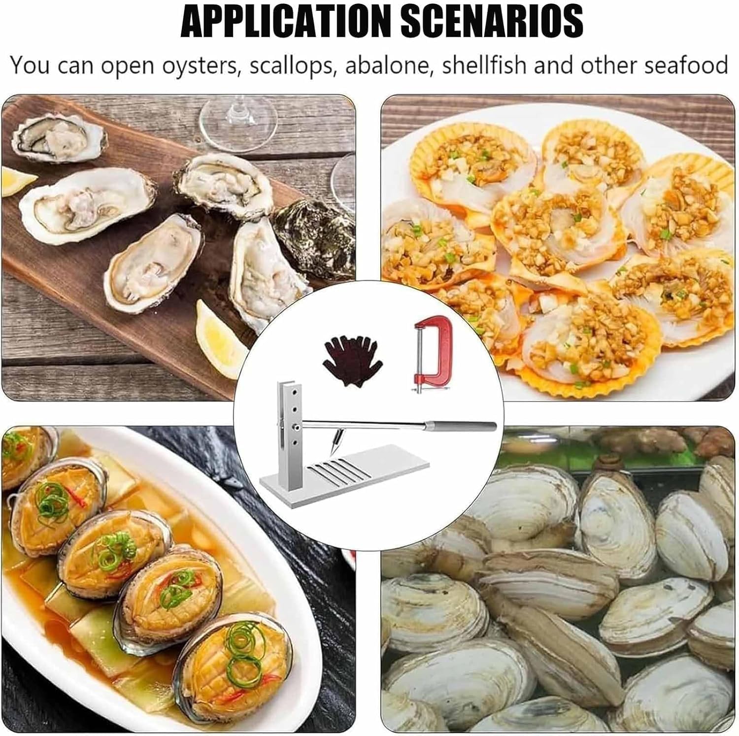 Strumento per aprire ostriche, regolabile, con guanti, clip di fissaggio, supporto stabile, facile da pulire, per casa, cucina, ristorante, buffet