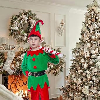 Kids Christmas Elf Costume Set Boys Girls Velvet Elf Dress Up Santa's Helper Costume Child Xmas Holiday Outfit