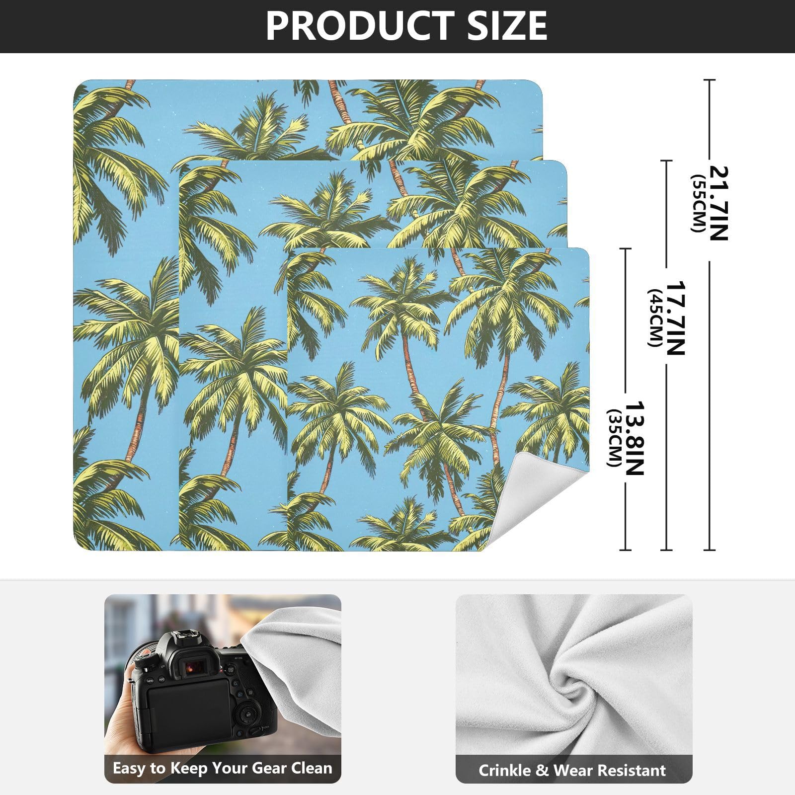 ODAWA Tropical Palm Trees Self Adhesive Cloths 21.7X21.7 Inch Makeup Wrap Cloth Bag Lightweight Foldable Wrapper for Camera Accessories