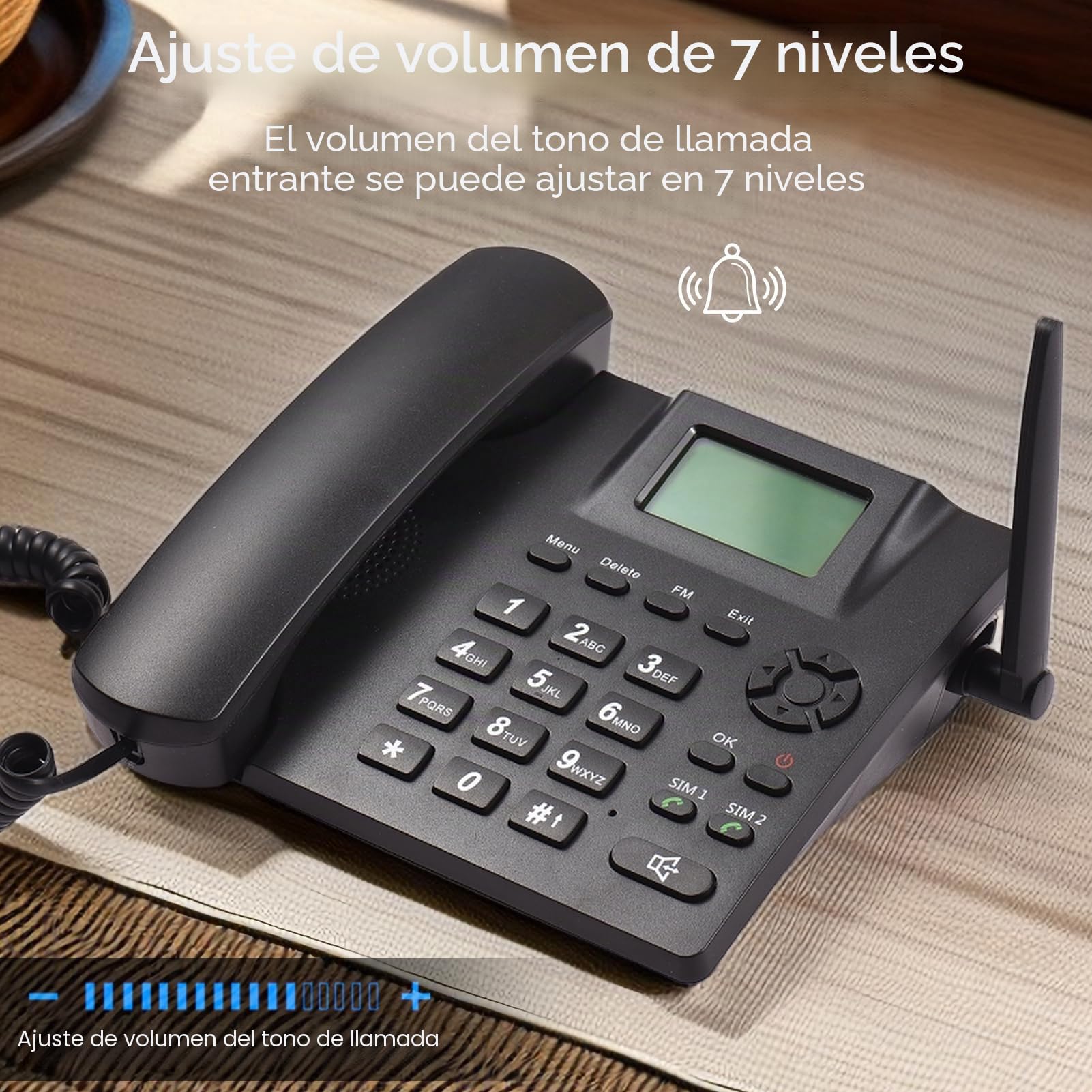 Teléfono fijo inalámbrico GSM 850/900/1800/1900MHz doble tarjeta SIM 2G con antena despertador y función de grabación SMS en 6 idiomas