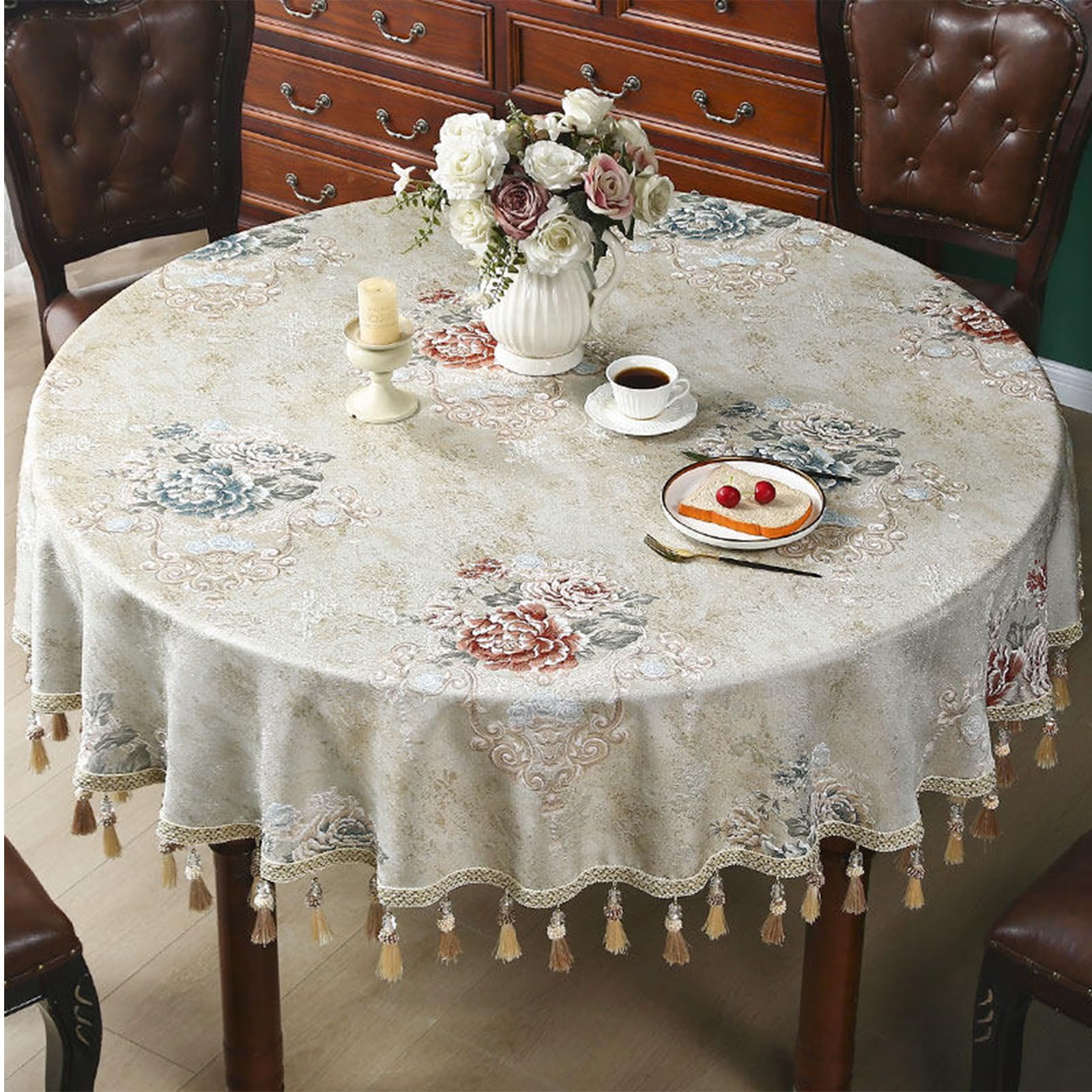 Mantel redondo de lino y algodón, sin arrugas, mantel decorativo con borlas para comedor, restaurantes y fiestas
