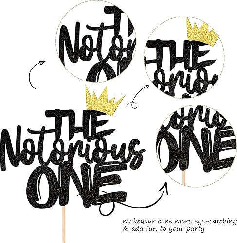 Miniatura 10 de 28 piezas The Notorious One Cupcake Toppers Black Glitter Hip Hop 1er Cumpleaños Cupcake Picks The Big One Número 1 Decoración para pasteles para