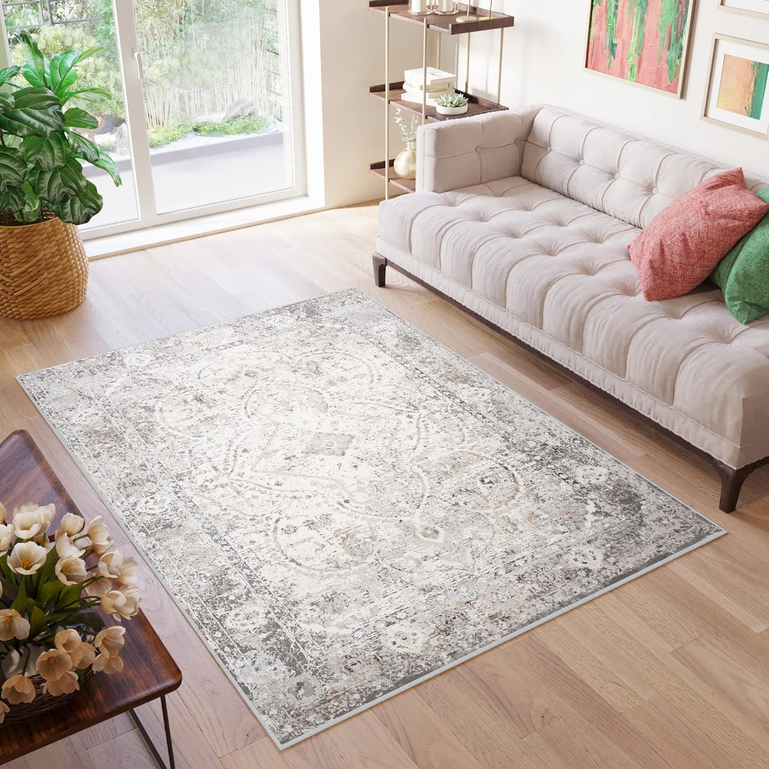 TAPISO Valley Alfombra de Pelo Corto Brillante Suave Diseño Clásico Vintage Moderno Tonos de Gris Crema Alfombra de Salón Dormitorio Habitación Oeko-Tex 200 x 300 cm