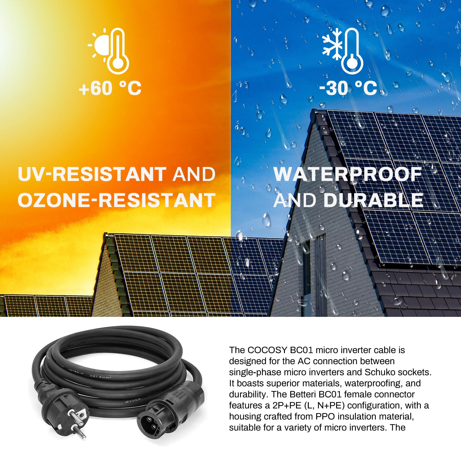 COCOSY 2m/5m/10m Cavo Inverter Solare Alimentazione Schuko CEE-7/7 con Connettore Betteri BC01 Femmina, per Solare Fotovoltaico Microinverter Hoymiles Deye Envertech Huayu Bosswerk NEP TSUN【5M】