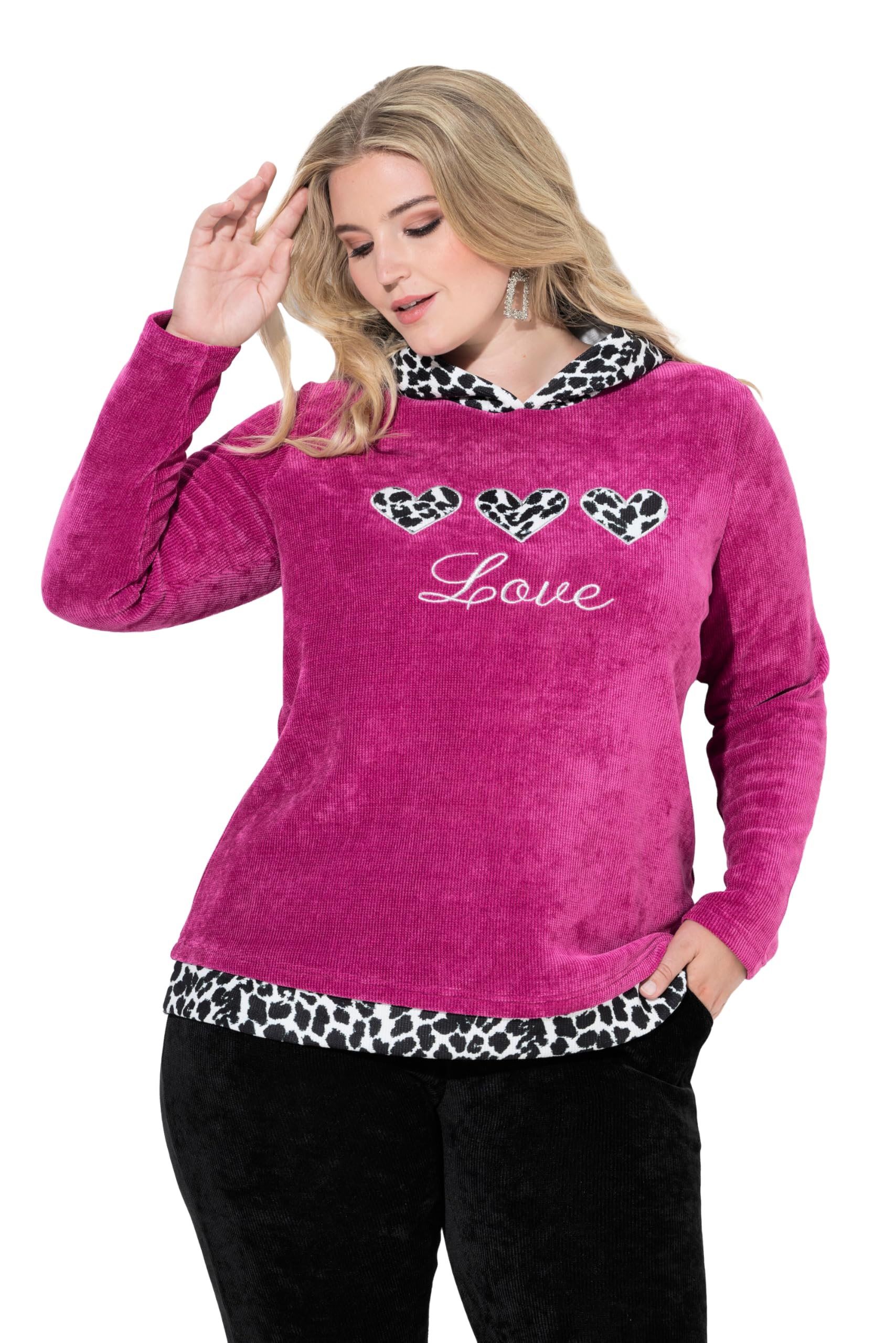 MIAMODA Damen große Größen Übergrößen Plus Size Hoodie, Kapuzensweater, Flausch-Sweat, Leo-Details 846031