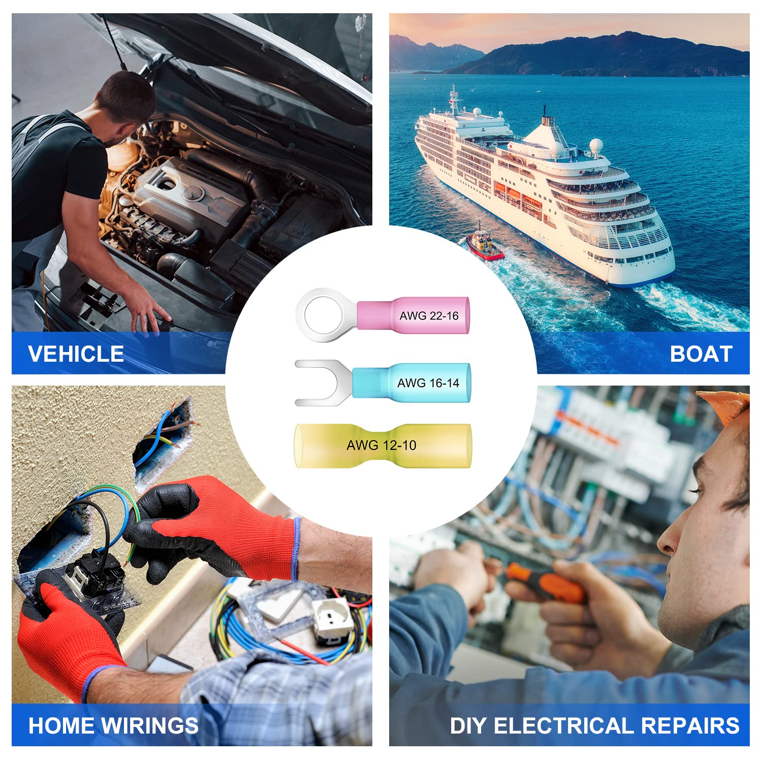 580 conectores de cable termorretráctil - Kit de terminales eléctricos aislados - Surtido de conectores de engarzado automotriz marino impermeable - Horquilla de anillo de conector a tope