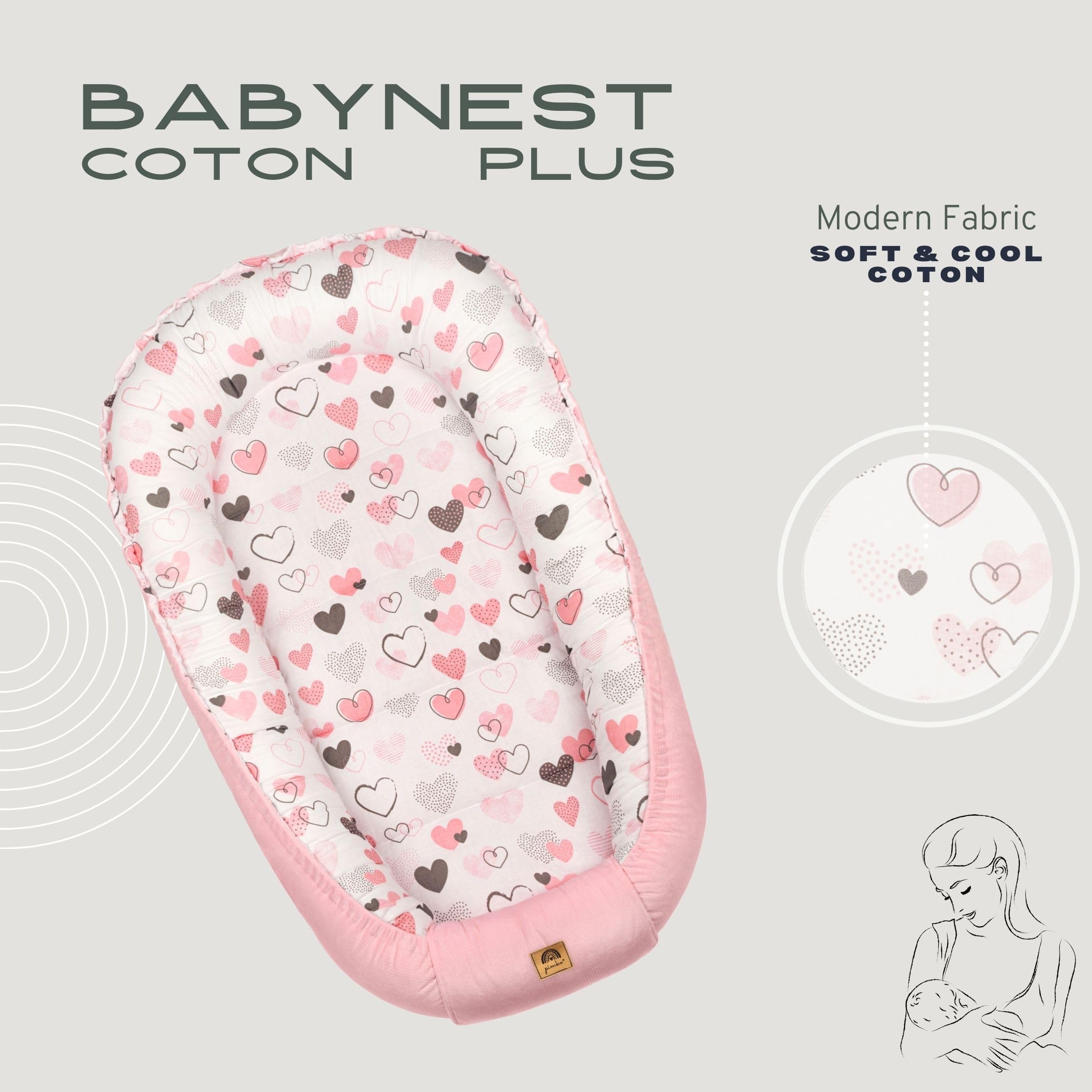 Nid de bébé 2 côtés - Nid cocon pour bébé - Hypoallergénique - 90 x 55 cm - Coton et velours - Cœurs roses avec rabat