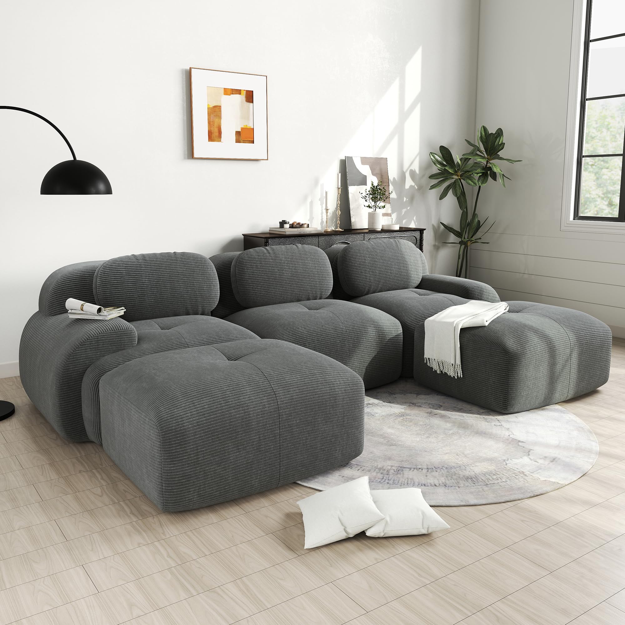 117.3" U-Shaped Cloud Couch Modular Sectional Sofa - Boneless Deep Seat 3-Seater with 2 Movable Ottomans, No Assembly, Corduroy Upholstery Couches for