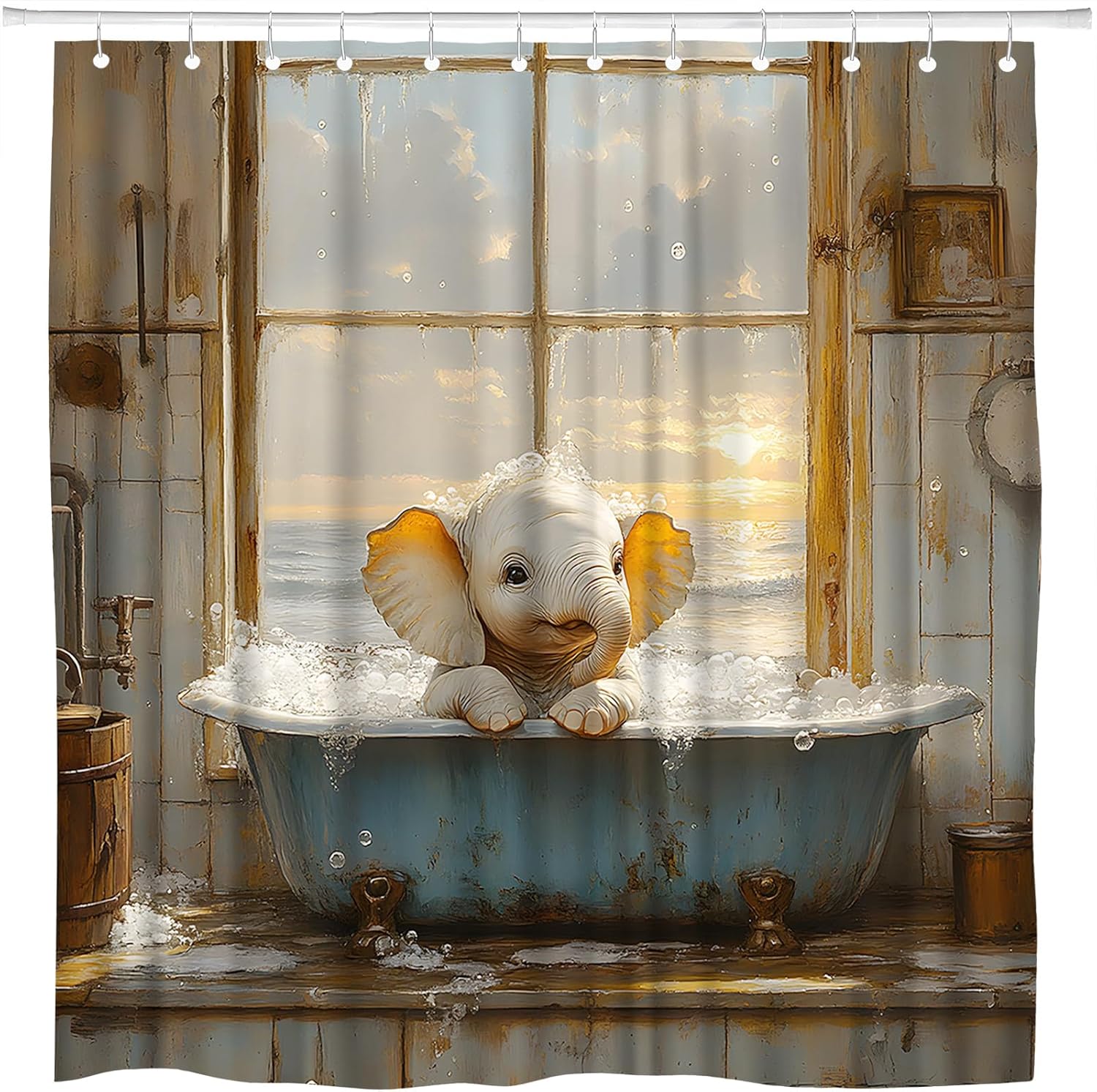 Cute Elephant Shower Curtain Funny Lovely Animal Nursery Bubbles in Bathtub Farmhouse Bathroom Polyester Curtains Set with Hooks 75x70 Inch