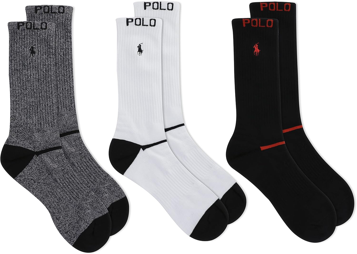 POLO RALPH LAUREN Men's 3-Pack Technical Crew Socks, Black Assorted, 10-13