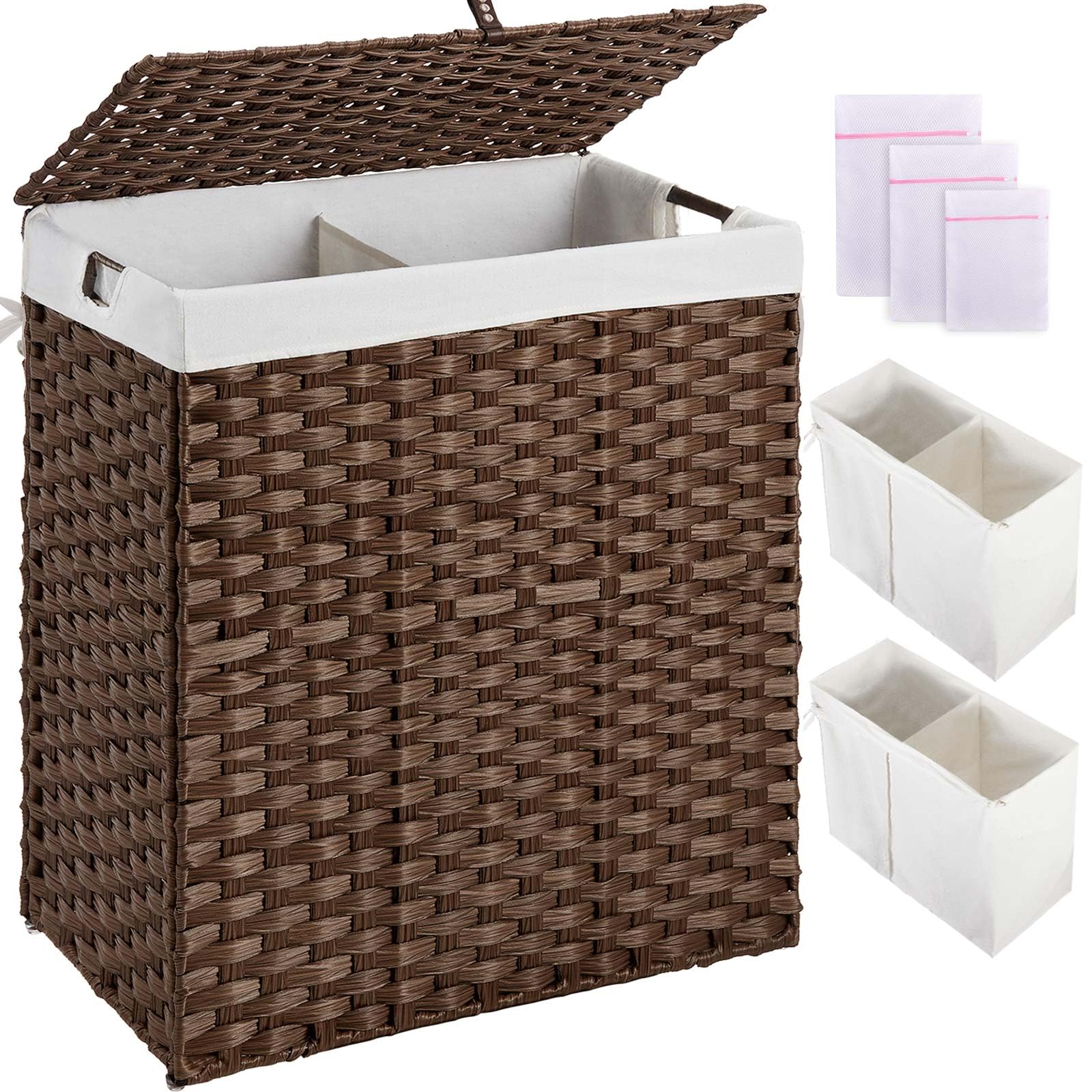 Greenstell Laundry Hamper with Lid, No Install Needed 110L 2 Sections Clothes Hamper with 2 Removable Liner Bags, Handwoven Foldable Synthetic Rattan Clothes Storage Hamper, Brown