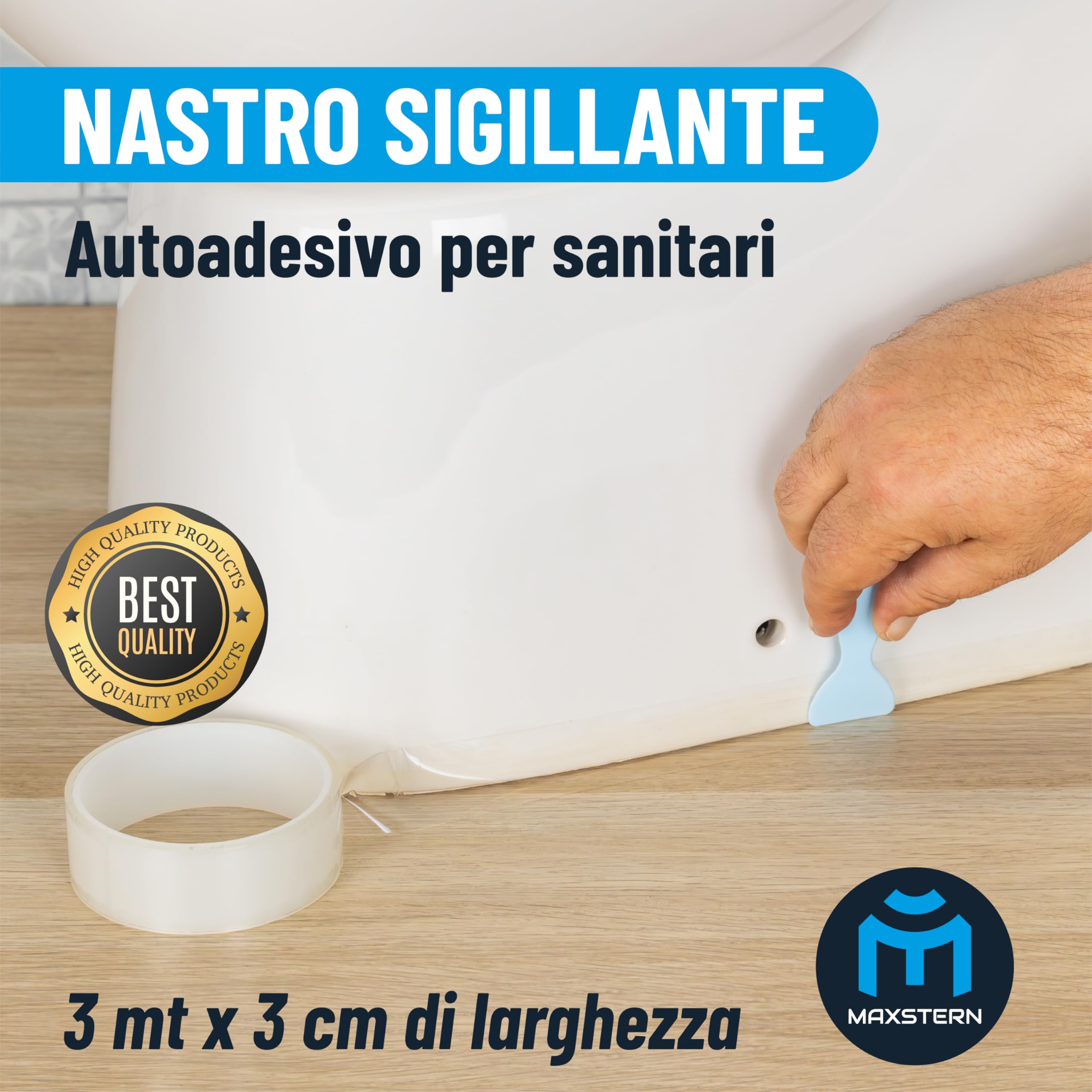 Nastro Sigillante per Sanitari 3 m x 3 cm – Bianco – Spessore 1 mm – Impermeabile e Adesivo Rinforzato – Flessibile e Resistente – Con Spatola Inclusa – Ideale per Lavelli, Vasche, WC, Cucina, Bagno