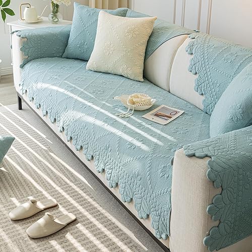 vctops Funda acolchada para sofá de 100 % algodón, con bordado floral, antideslizante, suave, protector de muebles lavable (azul, 28 x 28 pulgadas)