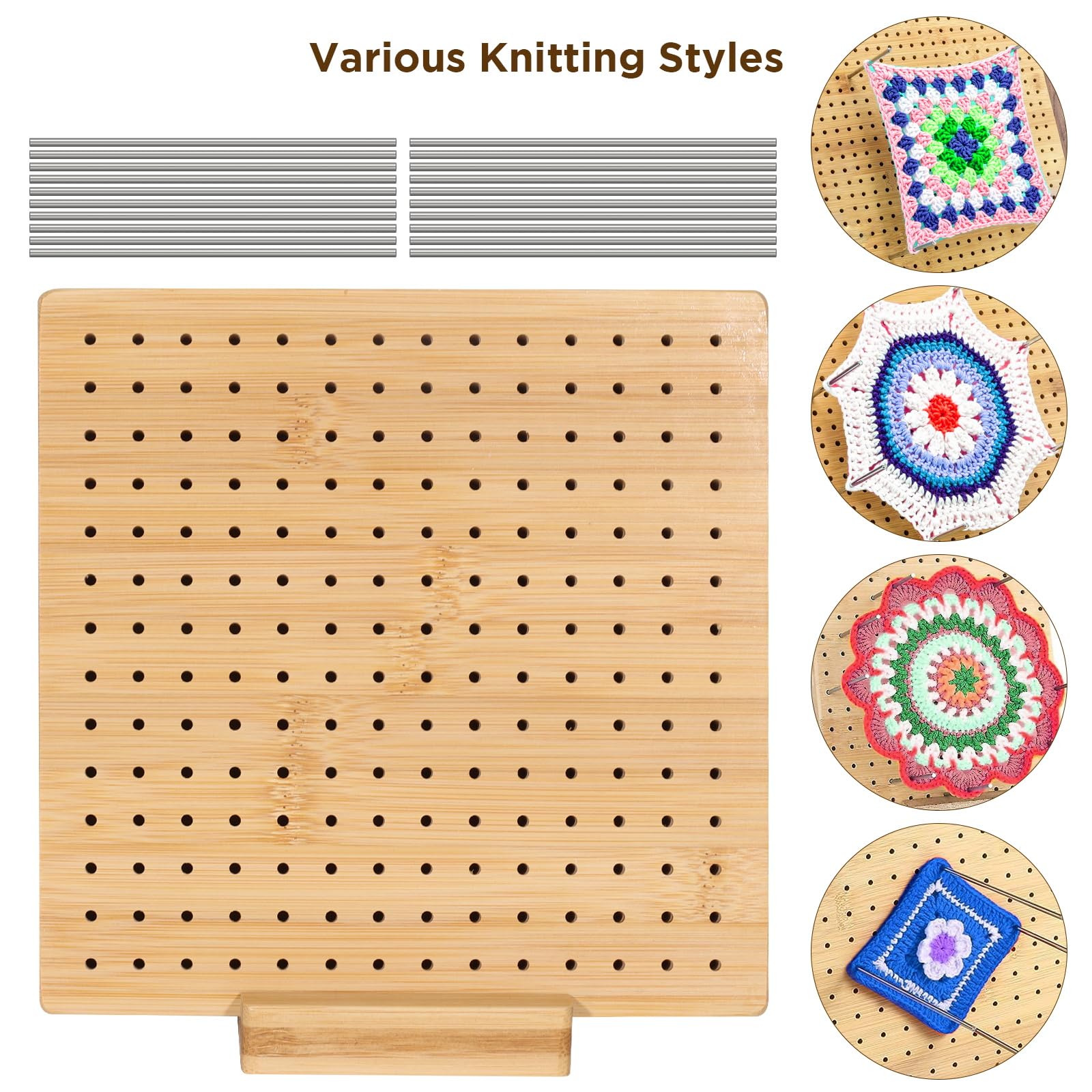 Planche De Blocage Granny Square Coopay 20x20cm - Bambou Avec 12 Pelotes Laine - 196 Trous Pour Crochet