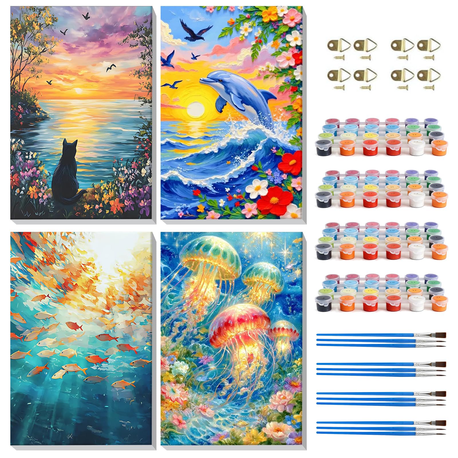 MISCER 4 Pack Seaside Framed Paint by Numbers Kit for Adults Beginners, Adult Paint by Number Animals Kits On Canvas, DIY Acrylic Painting Adult Craft Gift for Home Wall Decor 8x12 inch