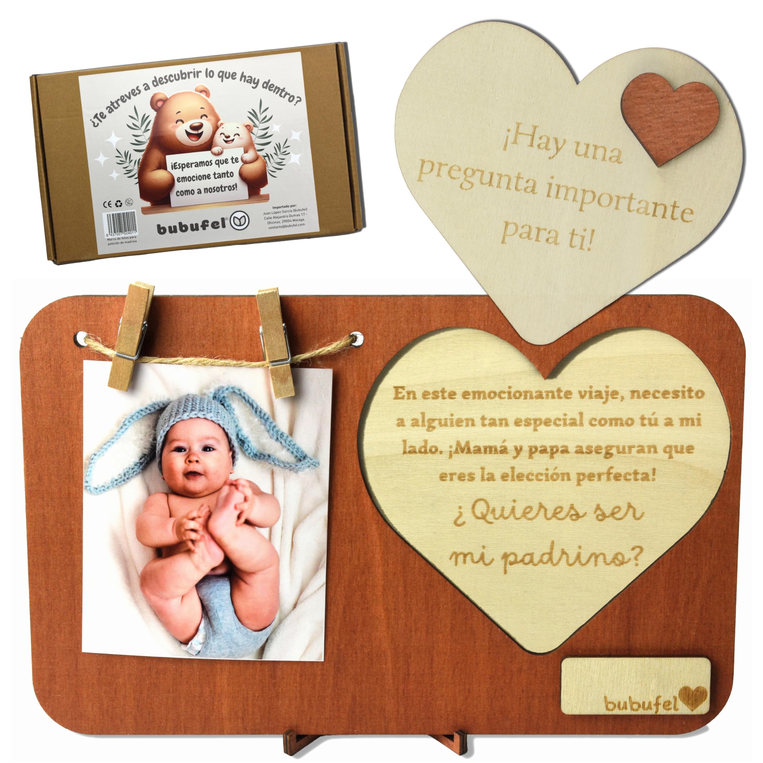 Bubufel. Regalo Original de Padrino: ¿Quieres Ser Mi Padrino? Marco de Fotos 24 x 15 cm con Mensaje Sorpresa - Revelación Única, Espacio para Nota Personalizada (Padrino)