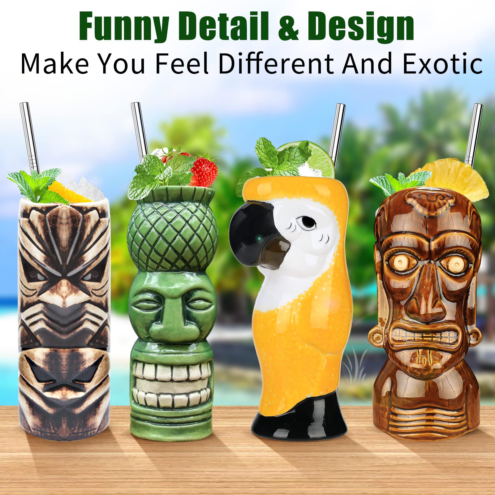 Juego De 8 Vasos Tiki De Cerámica - Diseños Hawaianos, Colores Vibrantes