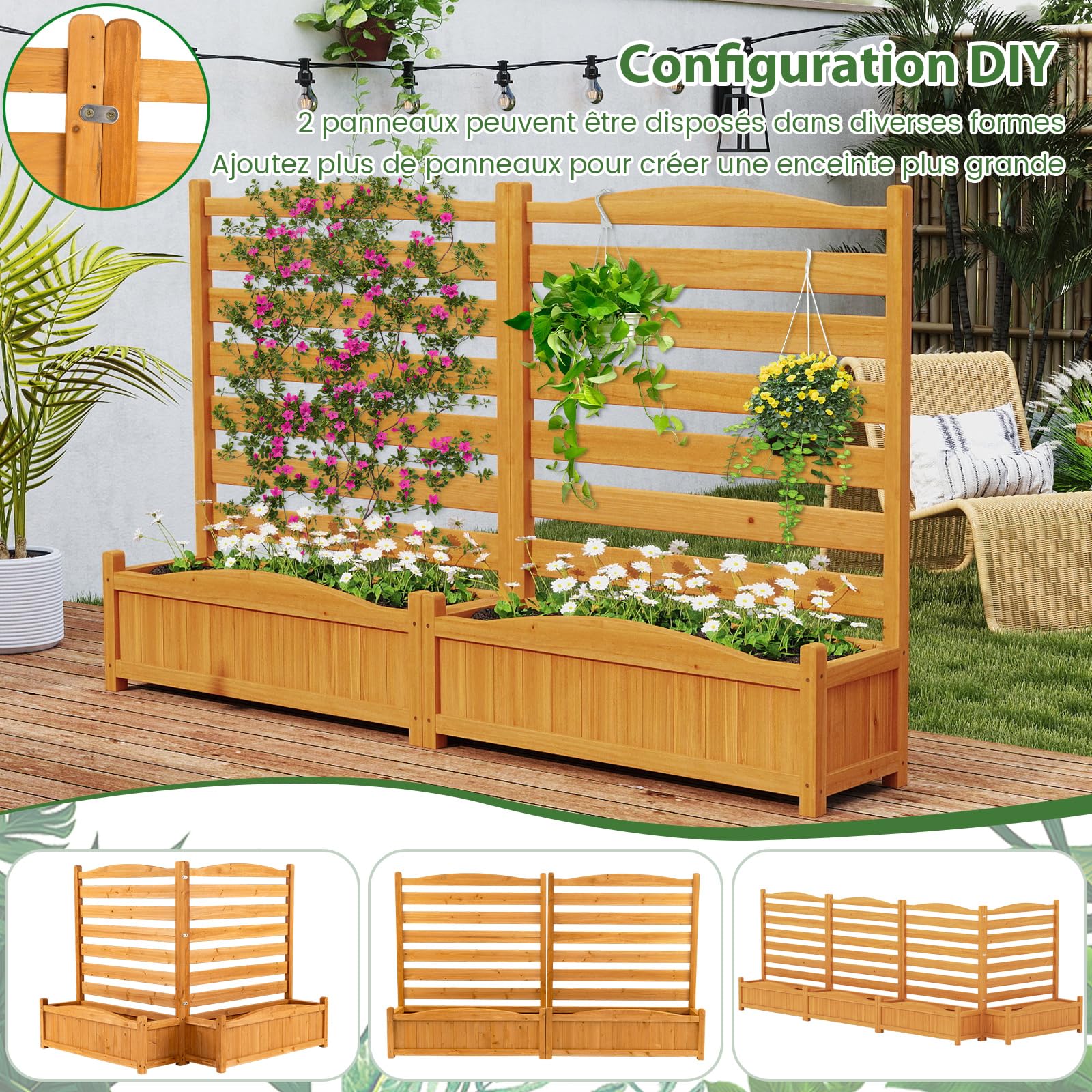RELAX4LIFE Jardinière Surélevée avec Treillis, Bac à Fleurs avec Treillis pour Plantes Grimpantes, Fond Amovible, Trous de Drainage, Montage Modulable, Utilisable comme Clôture de Jardin/Brise-Vue