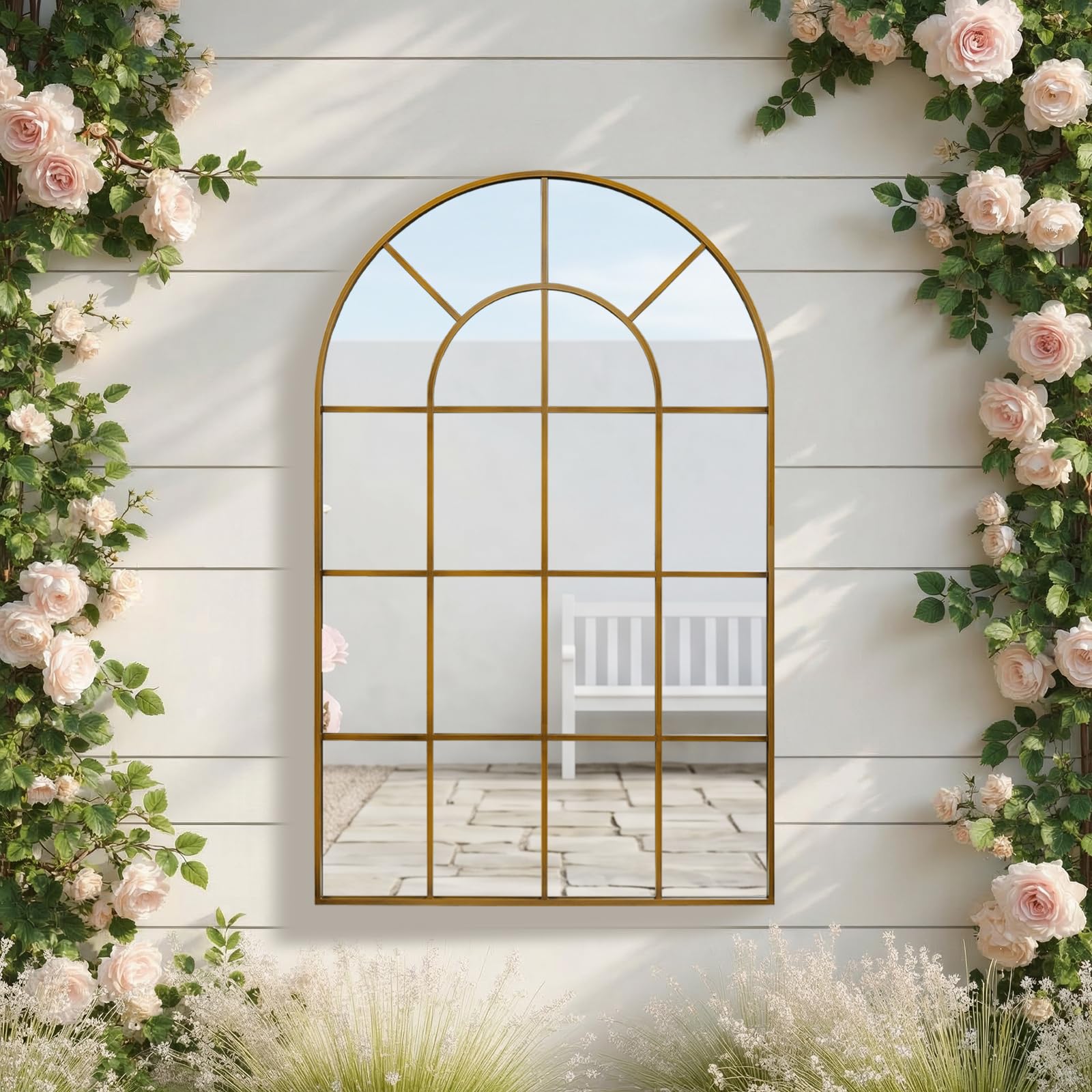 Reflix Espejo de jardín al aire libre, 90 x 60 cm, espejos de pared para decoración, espejo de ventana con marco de aluminio para pasillo, sala de estar, dormitorio, entrada, bronce
