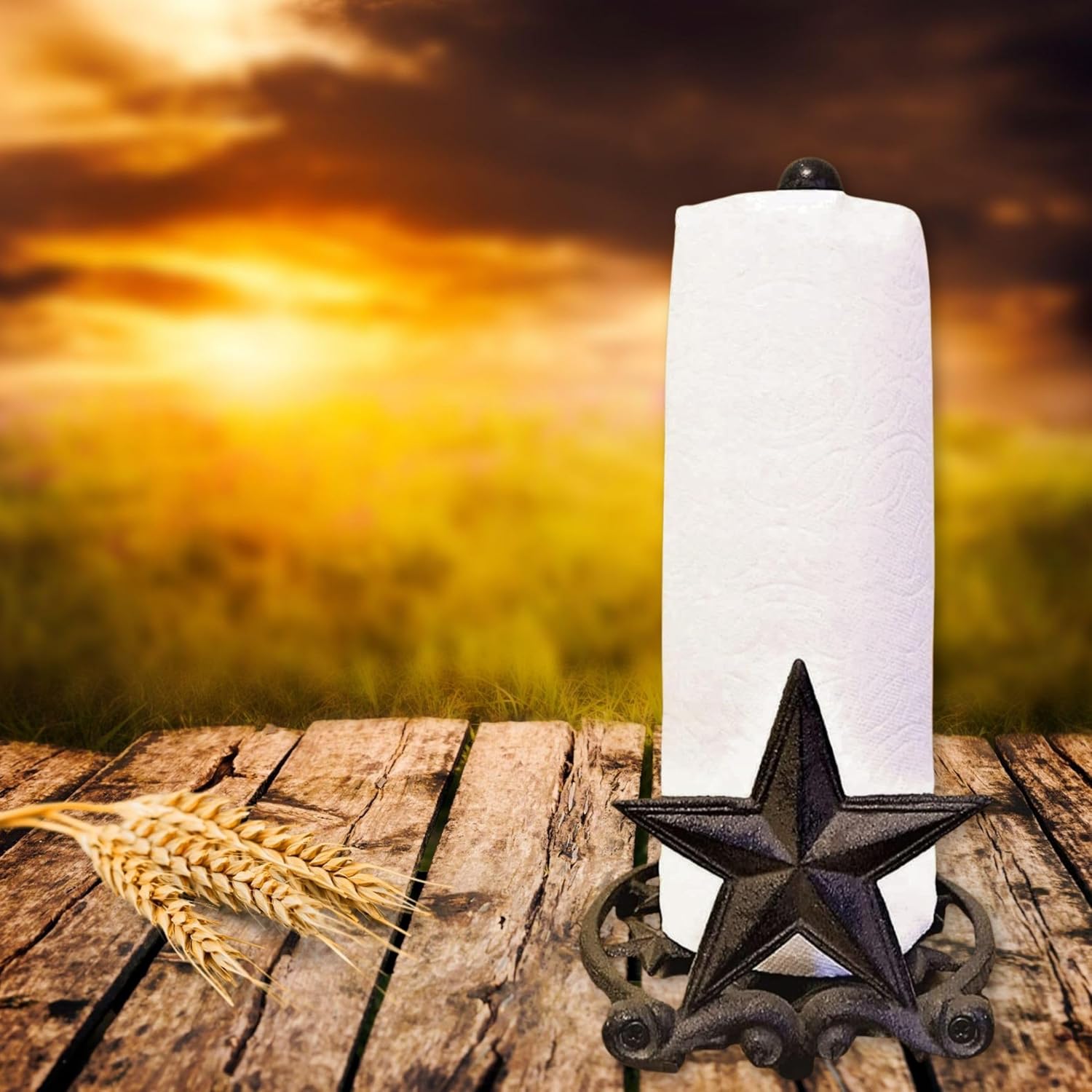 BestGiftEver Metal Star Country Rustic Paper Towel Holder - Freestanding Kitchen Countertop Decor for Farmhouse, and Western Styles - Made of Rustic Brown Cast Iron, for Countertop Cabin Theme