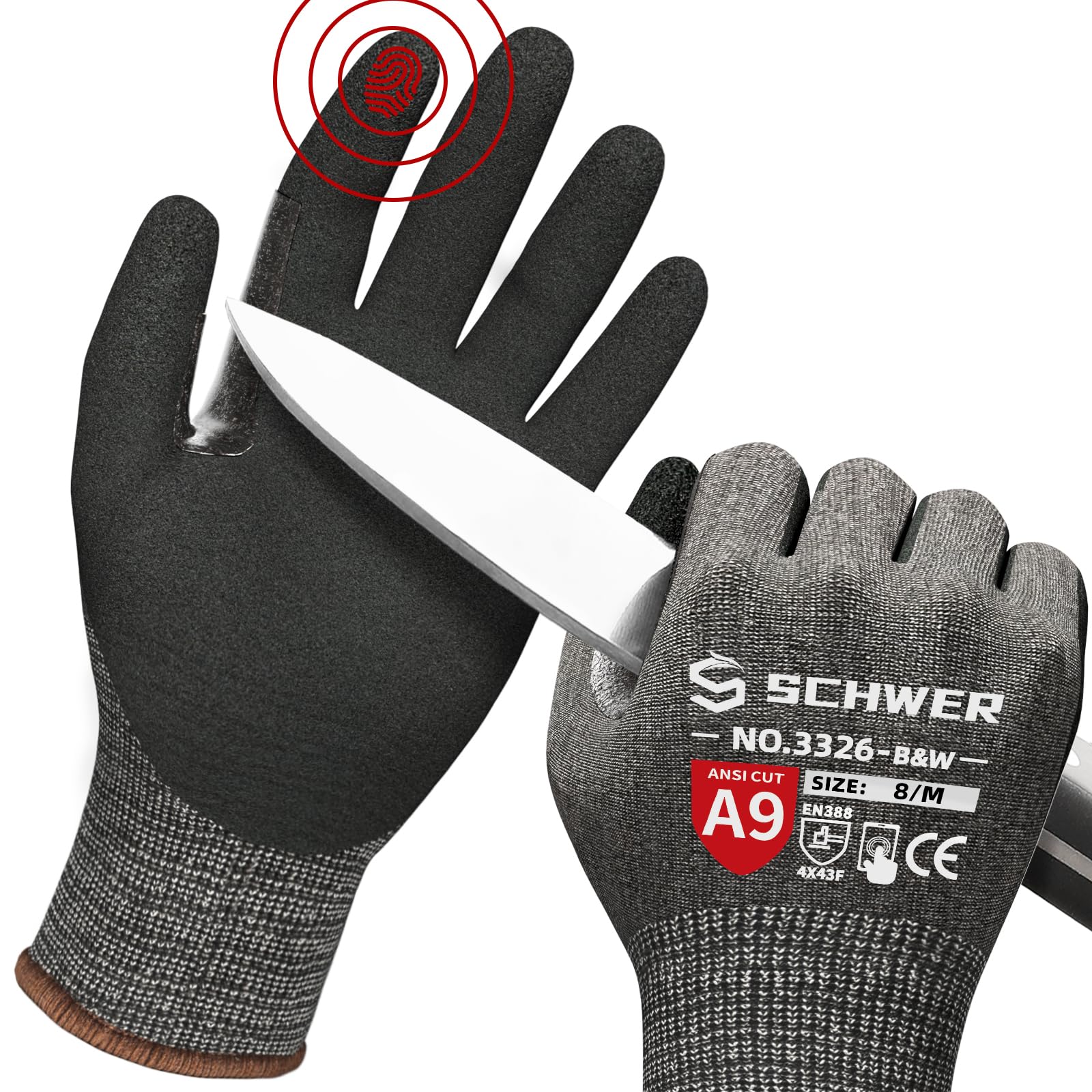 Schwer ProGuard Highest Level Cut Resistant Work Gloves PR3326 for Extreme Protection，ANSI A9 Cut Gloves with Reinforced Thumb, Non Slip, Breathable, Durable, Touch-screen, Non PFAS, Black 1 Pair（M）