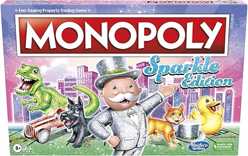 Hasbro Gaming Monopoly Sparkle Edition Juego de mesa, juegos familiares, con fichas brillantes, dados nacarados, aspecto brillante, (exclusivo de