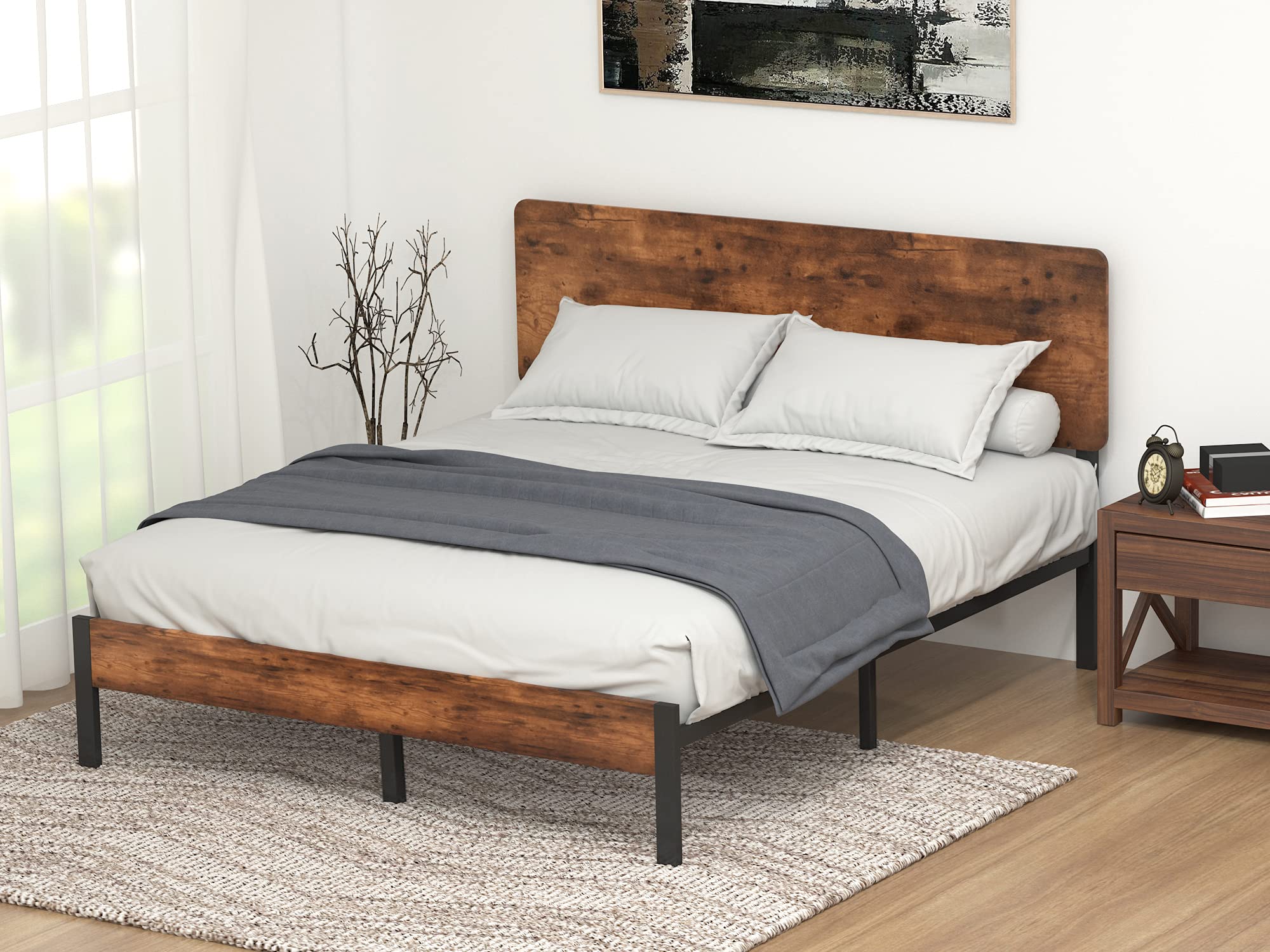 Allewie Queen Size Platform Bed Frame with Wood headboard and Metal