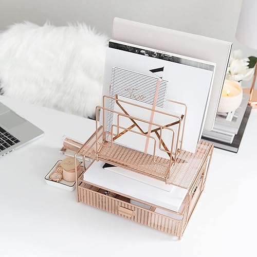 Miniatura 4 de BLU MONACO Workspace - Organizador de escritorio y accesorios de escritorio de oro rosa con clasificadores de archivos y cajón para suministros de