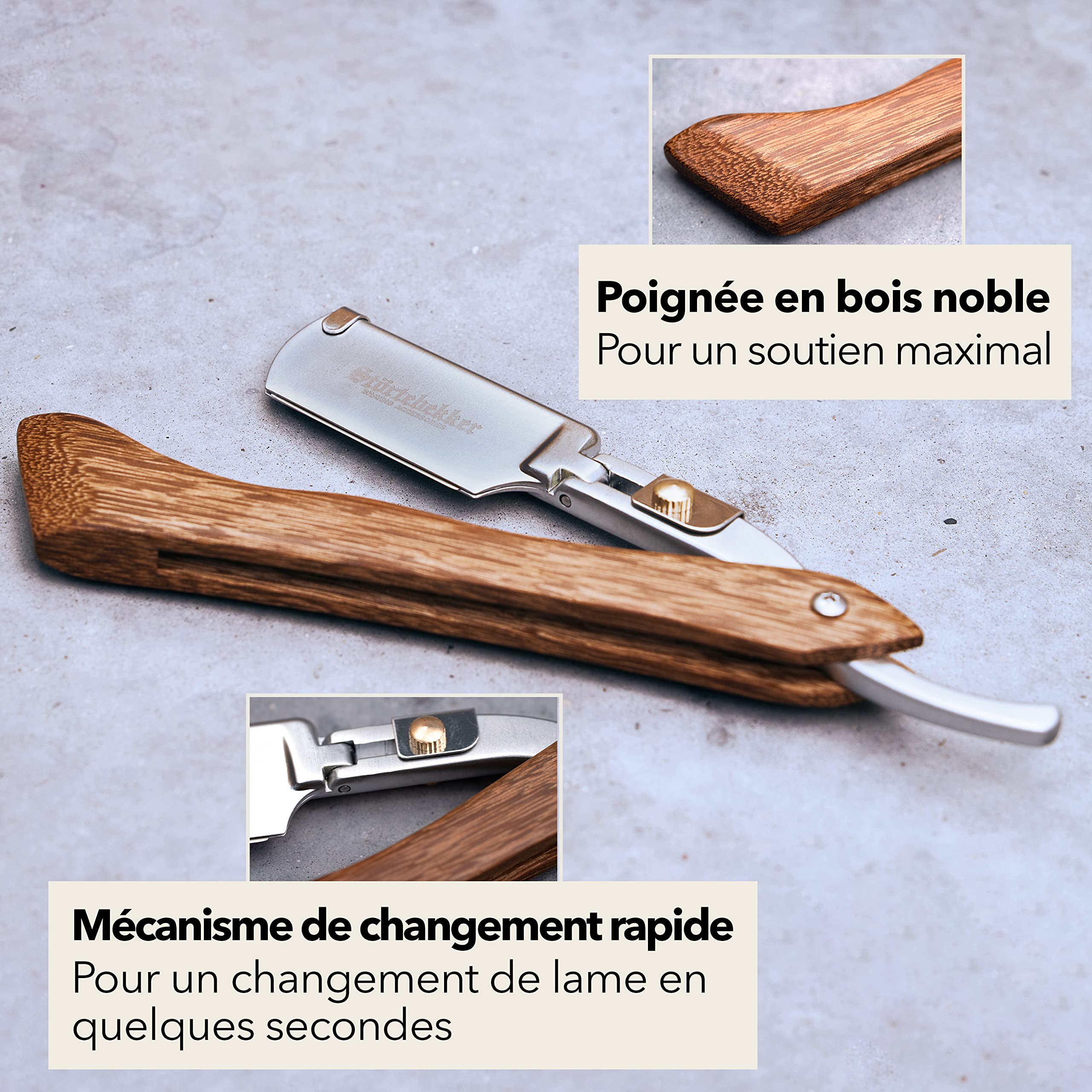 Störtebekker Rasoir de barbier avec étui en cuir fait main + pierre d'alun et 10 lames - rasoir barbe homme de qualité supérieure - kit rasage - rasoir homme (Bois - Café)