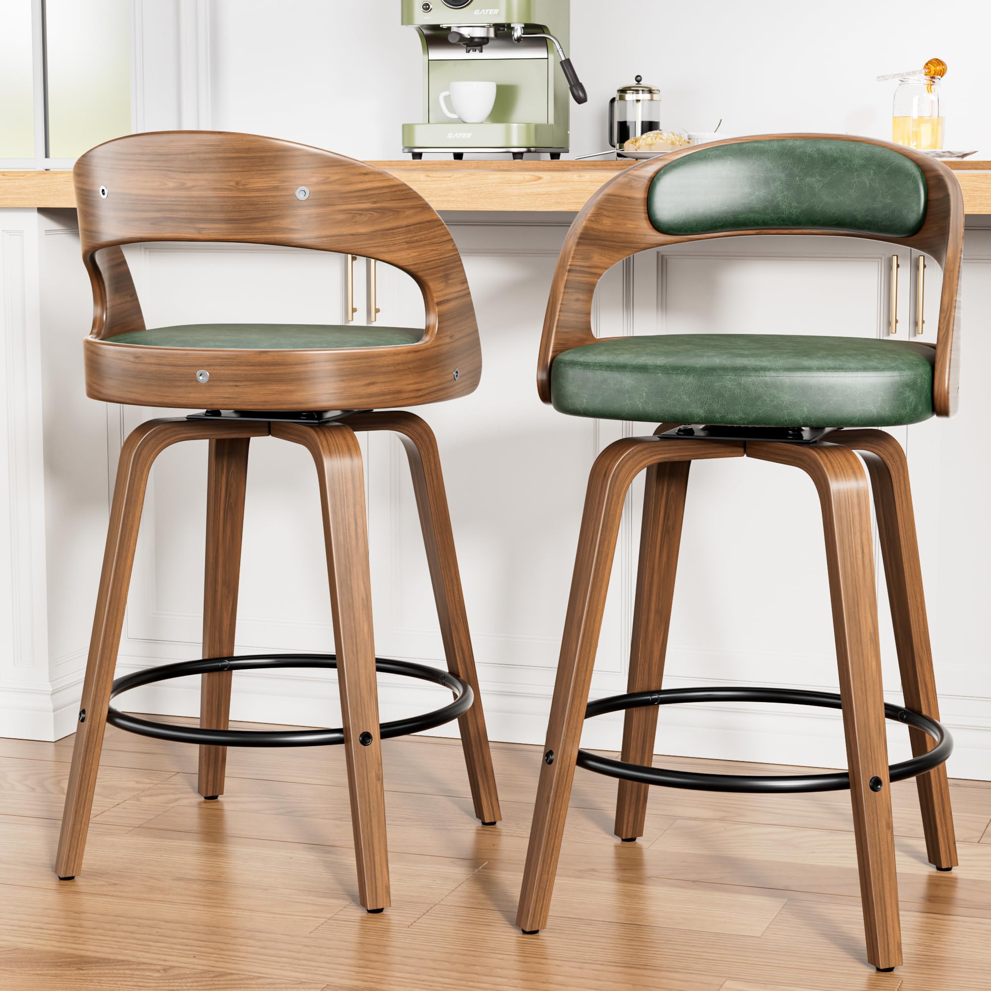 YaFiti Swivel Bar Stools Set of 2, 26" Upholstered Faux Leather Barstools with Bentwood Legs, Mid Century Modern Counter Height Bar Stools with Back