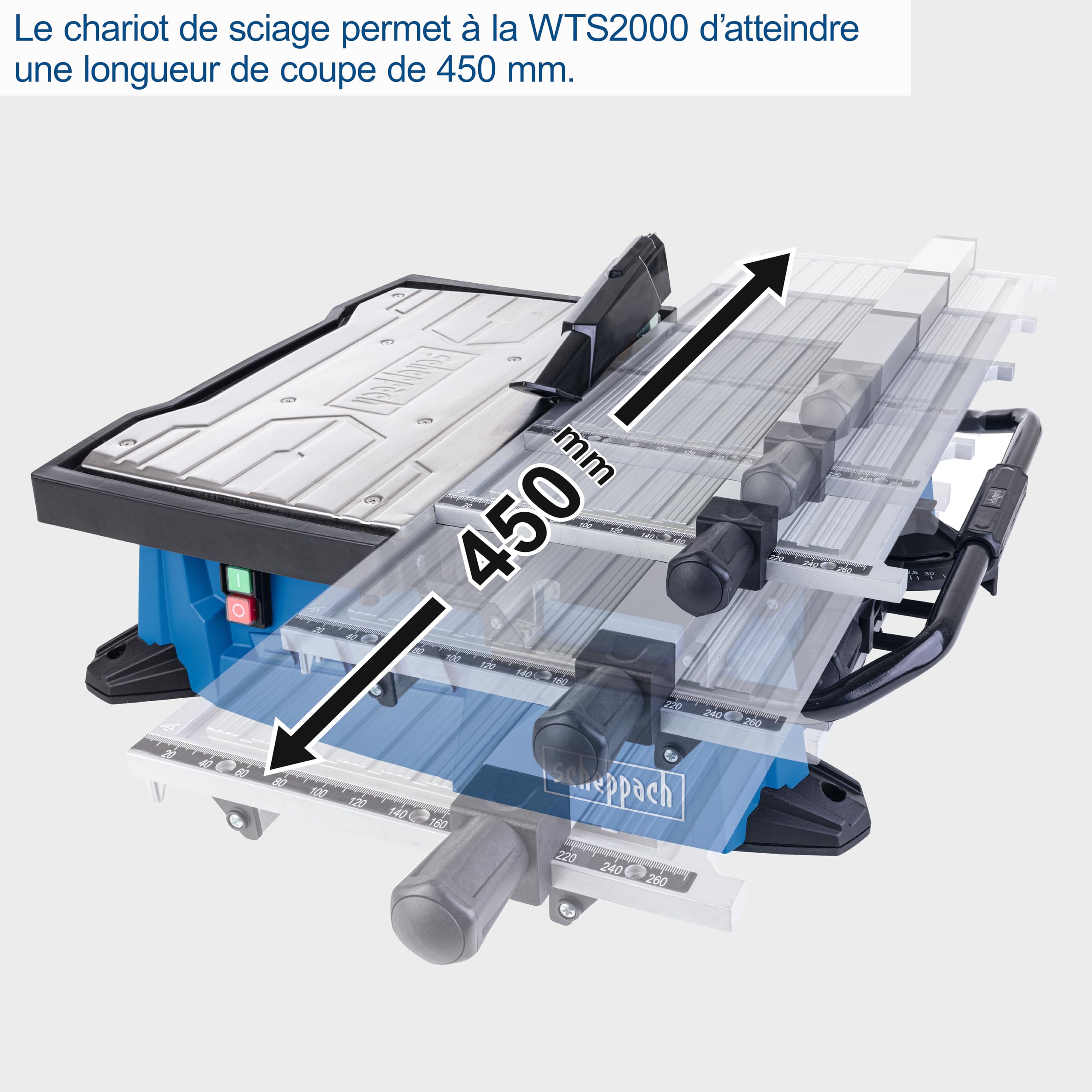 Scheppach Coupe-carrelage avec chariot coulissant WTS2000 – Coupe-carreaux – Longueur de coupe 450 mm – Moteur 900 W – Disque diamant 180 mm