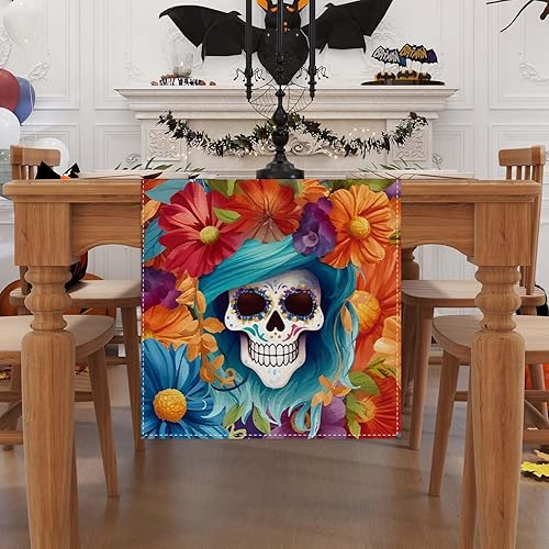 Miniatura 2 de Camino de mesa de lino con diseño de calavera mexicana de 72 pulgadas de largo, diámetro de los muertos, decoración del día de los muertos para el