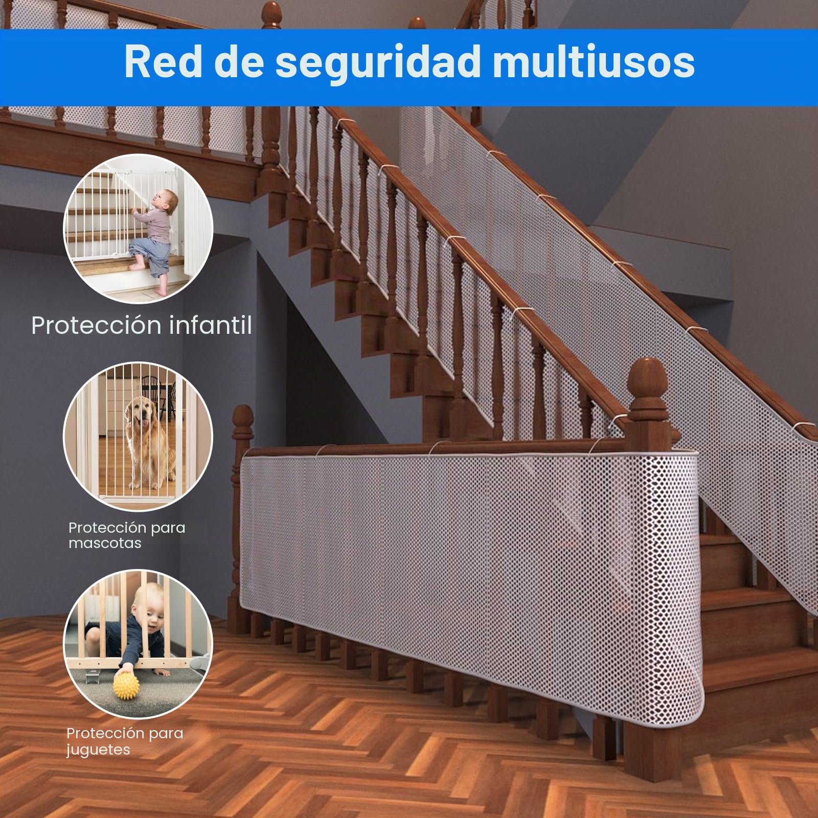 Mallas para Barandillas de Escaleras, 300 x 90cm Red de Seguridad para Bebés y Perros, Red de Seguridad para Niños, Red de Protección del Balcón Barandilla Escaleras, para Niños, Mascotas y Juguetes