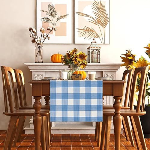 Miniatura 4 de Camino de mesa de lino a cuadros de búfalo azul y blanco, mantel de cuadros a cuadros, granja, primavera, verano, Pascua, decoración de mesa de